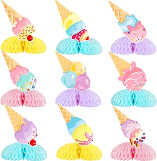 9Pcs Ice Cream Honeycomb Centerpieces Double Sided Colorful Ice Cream Cone Table Centerpieces for Summer Sweet One Birthday Baby Shower Party Supplies