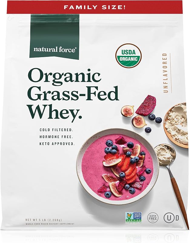 Natural Force Grass Fed Organic Whey Protein Powder – Non GMO Verified, Humane Certified & Lab Tested for Toxins – Pure & Unflavored – Keto Friendly, Low Carb, and Kosher – 5 Pound A2 Protein