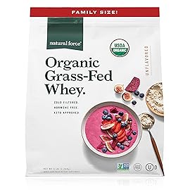 Natural Force Grass Fed Organic Whey Protein Powder - Non GMO Verified, Humane Certified & Lab Tested for Toxins - Pure & Unflavored - Keto Friendly, Low Carb, and Kosher - 5 Pound A2 Protein