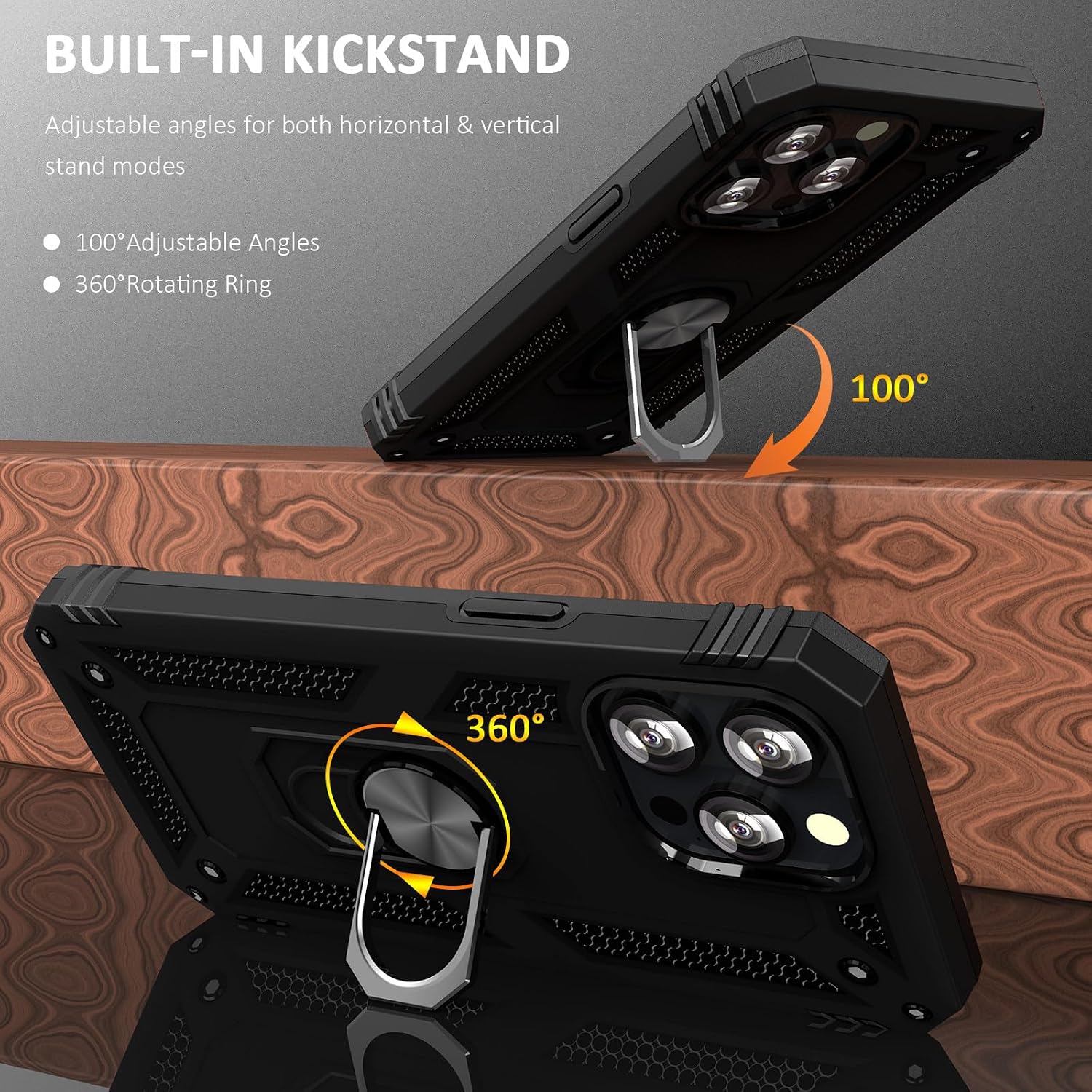 for iPhone 12/12 Pro Case,Built‑in Rotatable Metal Ring Kickstand (Black) image 3
