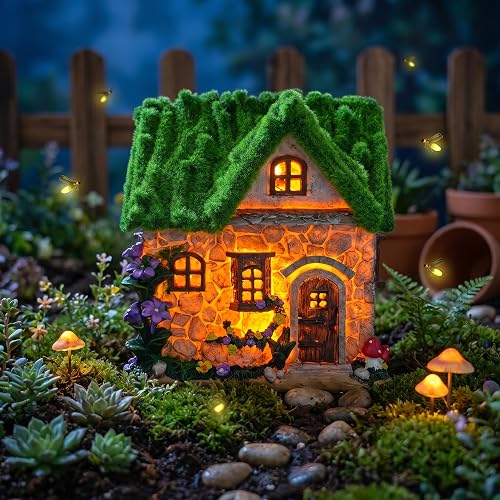 Solar-Powered LED Fairy Garden Cottage, Resin Miniature Stone House with