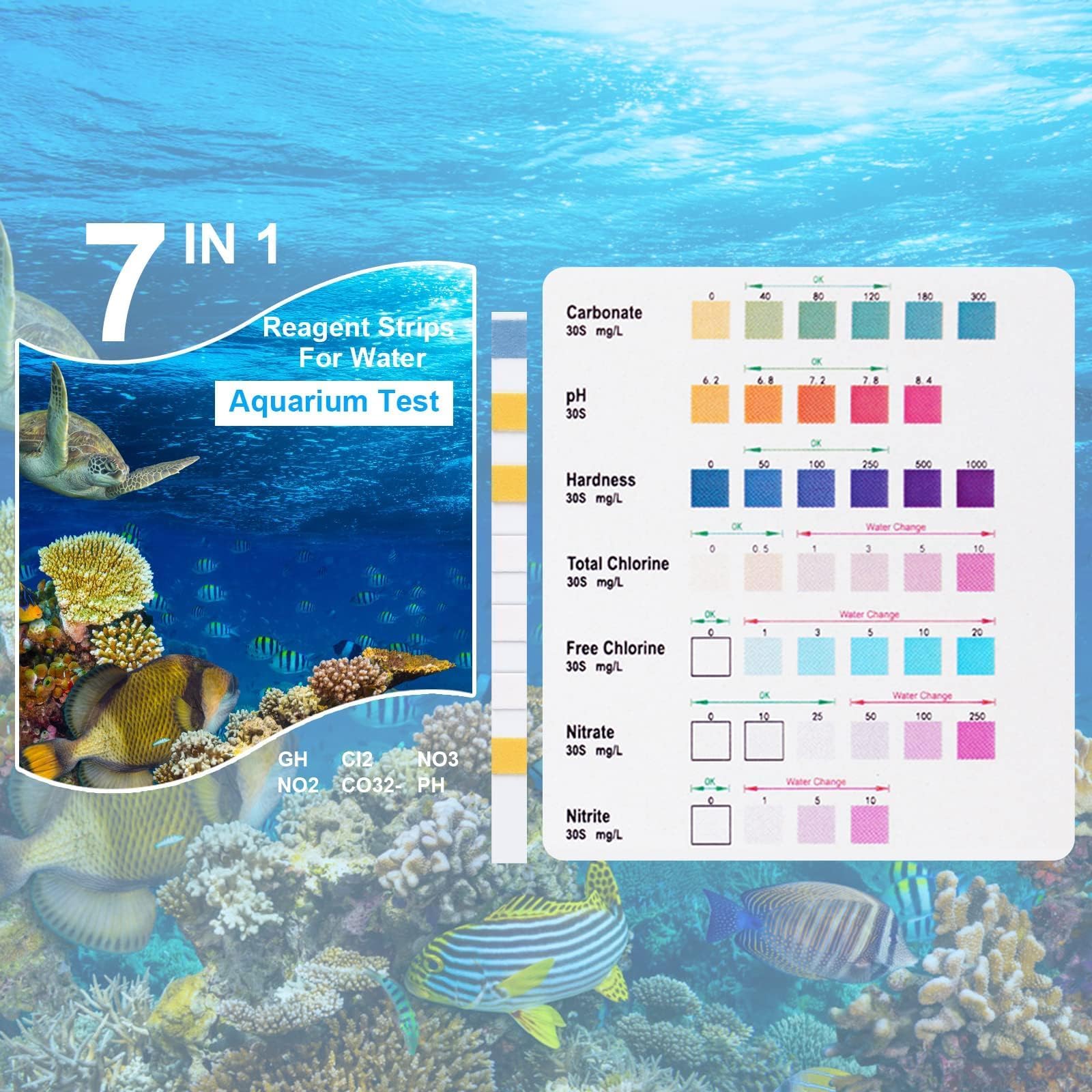 Bandelettes de Test d'Aquarium 7 en 1, 100 Bandelettes de Test Eau Dureté Totale, Alcalinité, Carbonates, Nitrates, Nitrites, Chlore Libre pH, Cuivre Test Rapide pour Aquarium Étang Piscine