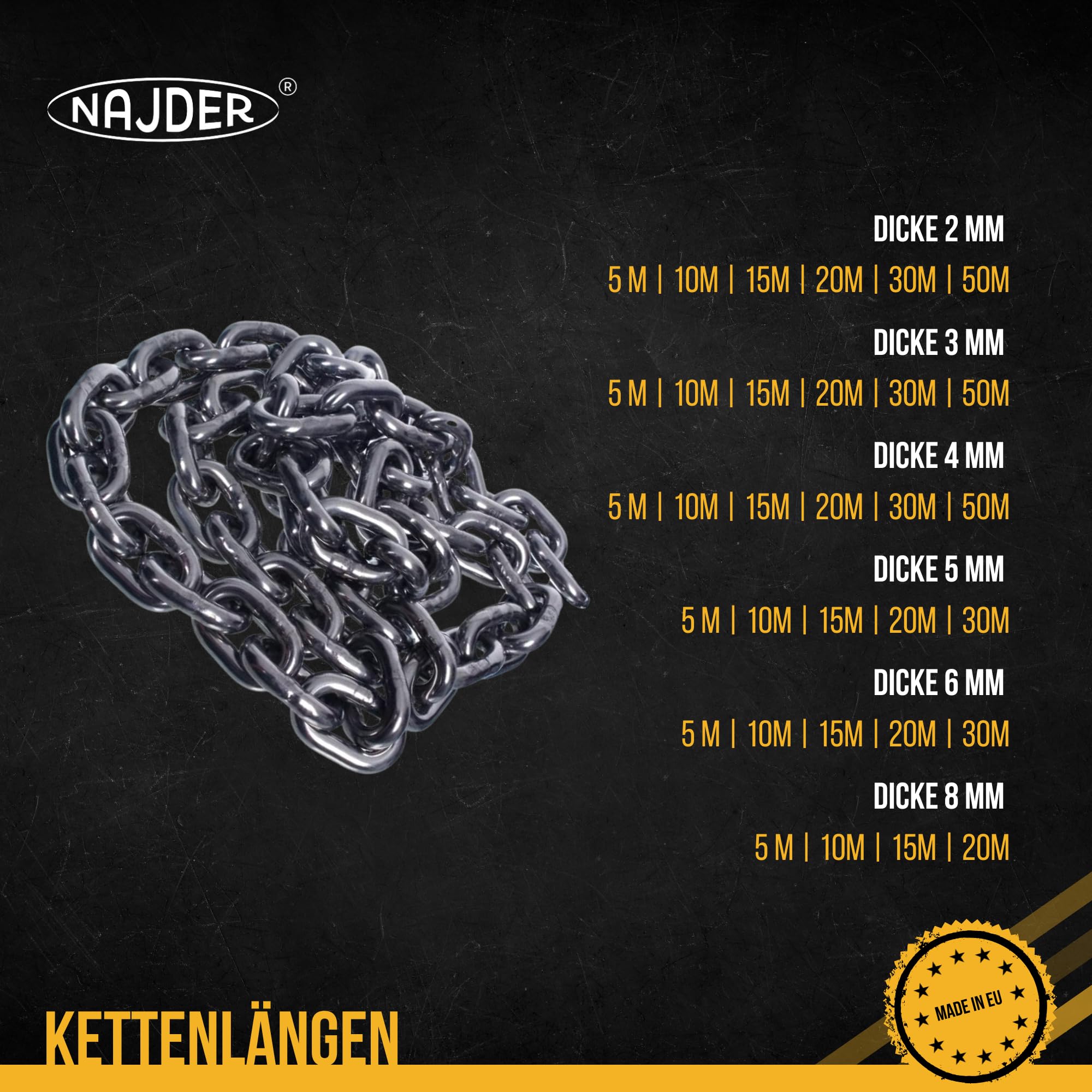 NAJDER Edelstahlkette 5m, Edelstahl Ketten, Sicherungskette, Kette Hängesessel, Absperrketten, Max 1180kg, 5mm x 5m, DIN 766, Dicke 5mm, Edelstahl A4, Inox, AISI 316, Premium Qualität