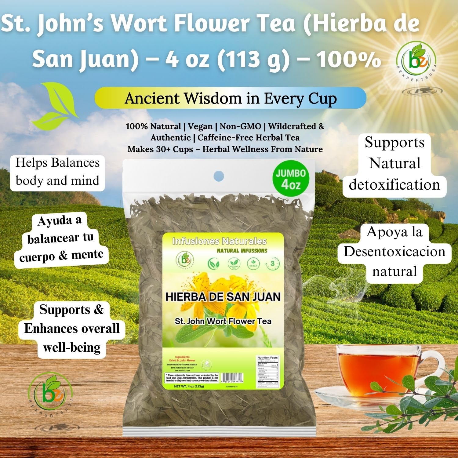 Hierba de San Juan (St. John’s Wort) Tea – 4 oz Loose Leaf – 100% Natural, Vegan, Non-GMO – Herbal Tea by Bexpertsusa