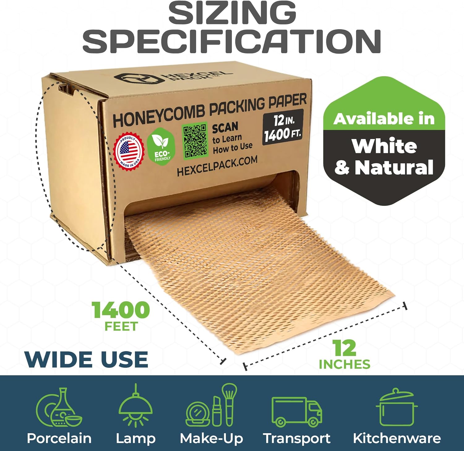 HexcelPack HexcelWrap Mini - Honeycomb Packing Paper, Eco-Friendly, Sustainable Paper Bubble Wrap for Shipping & Moving, Cushioned Packing Material in Easy Self-Dispenser Box - Natural, 12" x 1400'