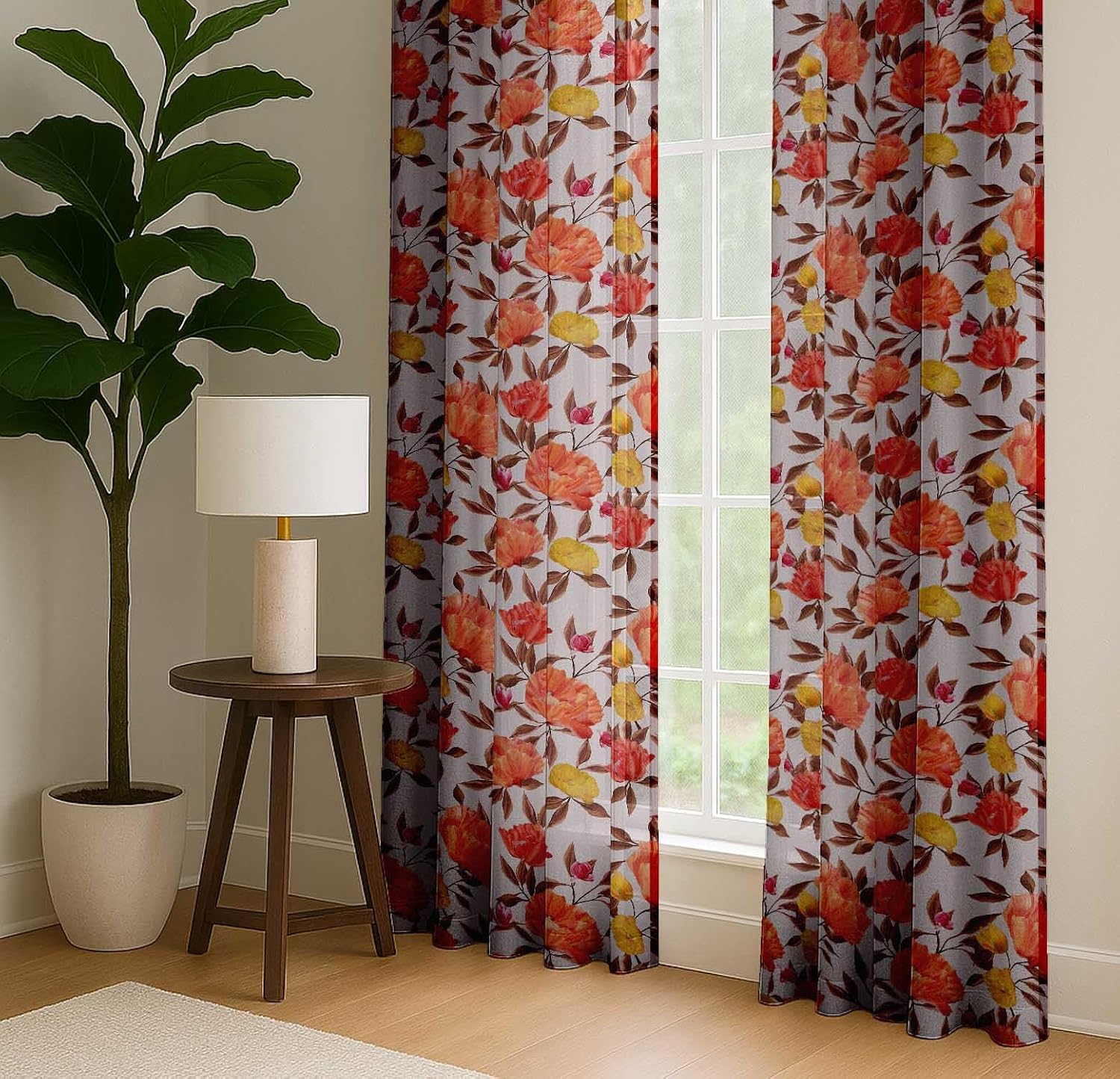 Cotton Curtains for Windows - 3-in-1 Rod Pocket/Back Tab Short Window Drapes - Light Filtering Cotton Canvas Panels - Set of 2, 52"x63" - Floral Print (Gray)