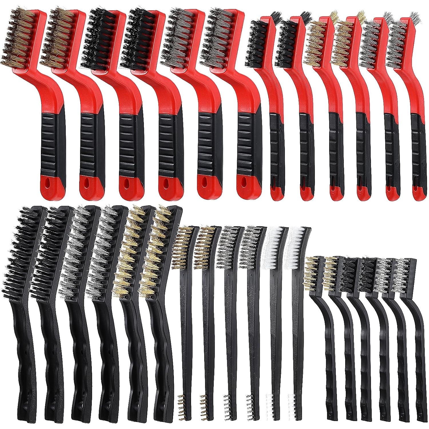 30 Pcs Wire Cleaning Brushes Set, Stainless Steel Nylon Brass Wire Brushes, Metal Brush Grip Paint Remover with Curved Handle for Rust Remover and Paint Removal, Drill, Scrub(Red, Black, Silver, Gold)