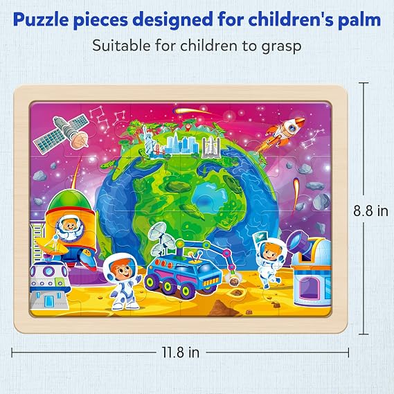 SYNARRY Large US World Earth Solar System Wooden Puzzles for Kids Gift Box(12.2 * 9.4 in), Puzzles for Toddlers 3-5, Wood Puzzles for Kids Ages 4-6, Easter Basket Stuffers Gifts for Kids