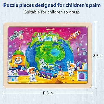 SYNARRY Large US World Earth Solar System Wooden Puzzles for Kids Gift Box(12.2 * 9.4 in), Puzzles for Toddlers 3-5, Wood Puzzles for Kids Ages 4-6, Easter Basket Stuffers Gifts for Kids