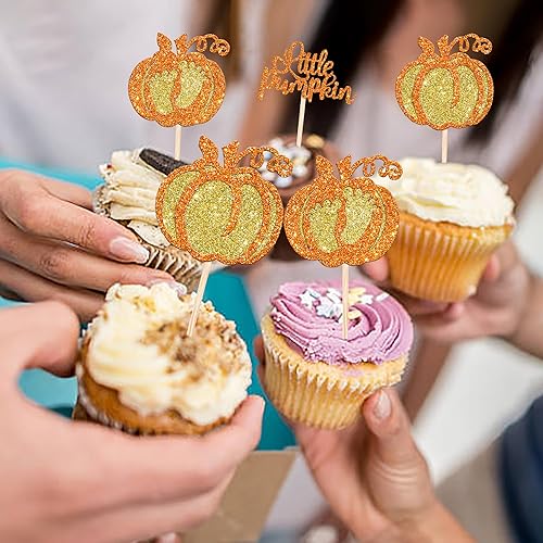 Miniatura 7 de Rsstarxi Paquete de 24 adornos para cupcakes de calabaza con purpurina con temática de otoño, decoración de cupcakes de baby shower, pies de bebé,