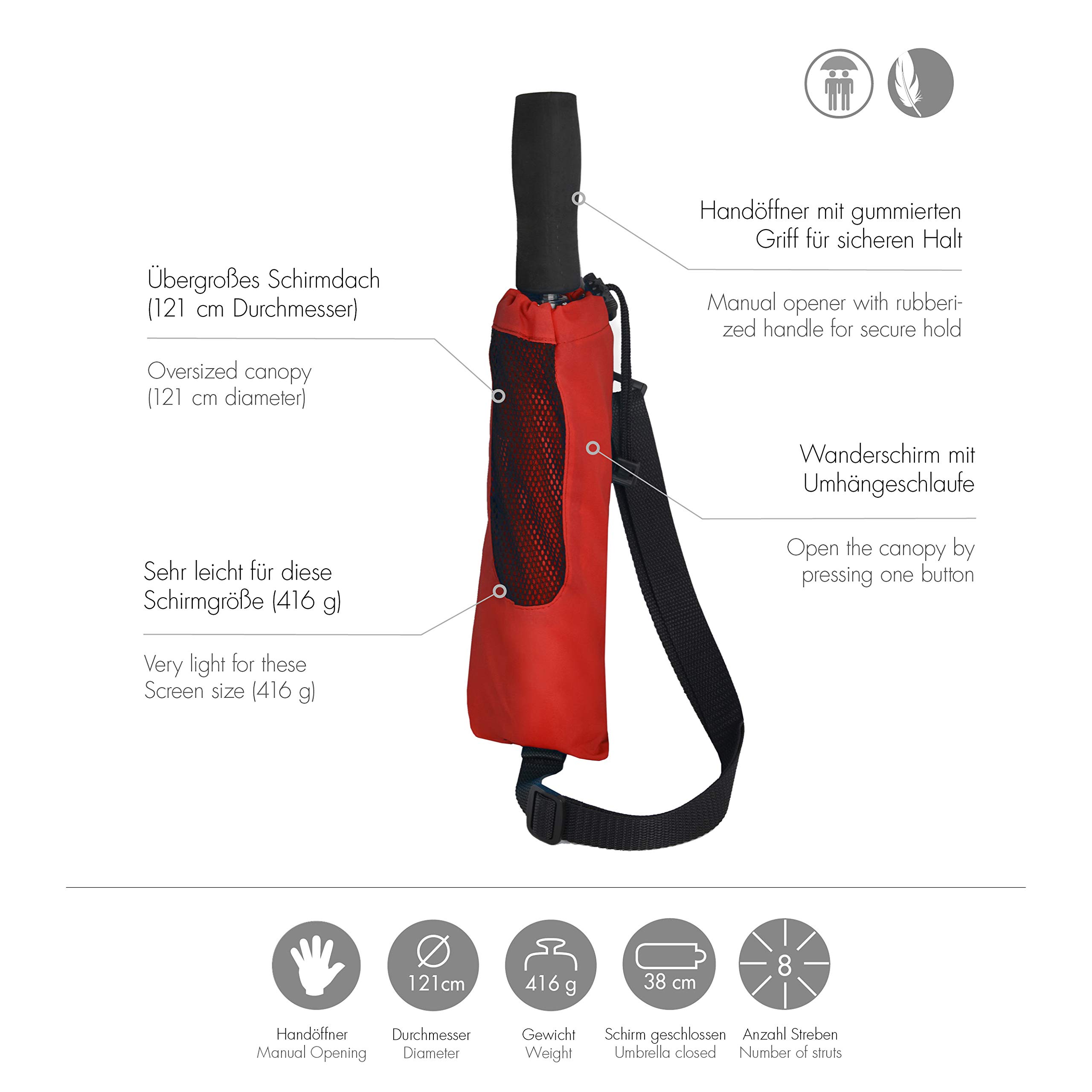doppler Paraguas de Bolsillo Fiber Golf Trekking - Super Light - con Bandolera
