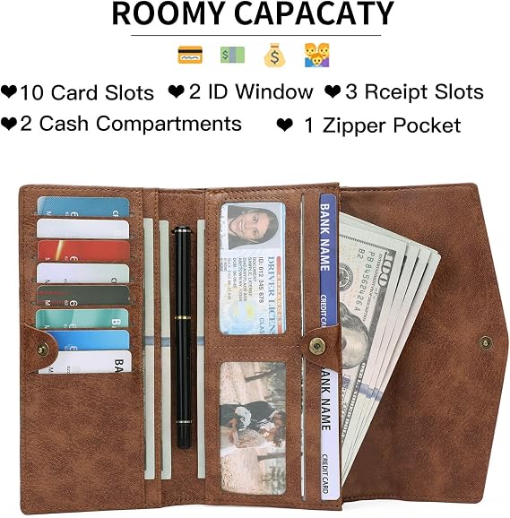 GOIACII Women's Wallet RFID Blocking Credit Card Holder Ladies Clutch Purse with Zipper Coin Pocket Embossed Flower Brown