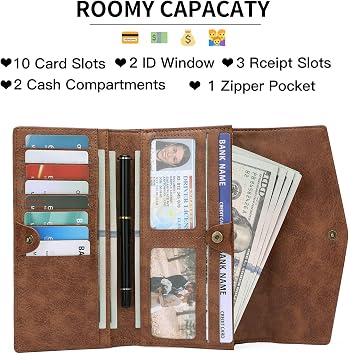 GOIACII Women's Wallet RFID Blocking Credit Card Holder Ladies Clutch Purse with Zipper Coin Pocket Embossed Flower Brown