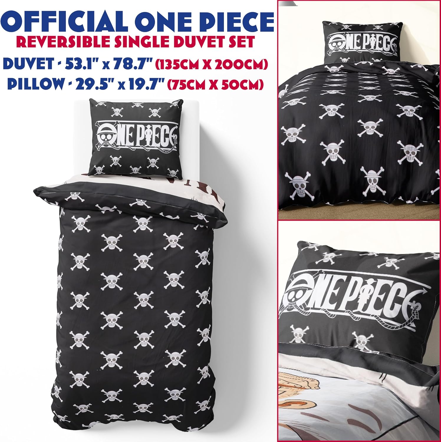 Get Trend One Piece Single Duvet Cover Set with Pillowcase for Boys, Girls, 53"x79", Soft Kids Bedding, Anime Gifts for Kids (Multi One Piece)