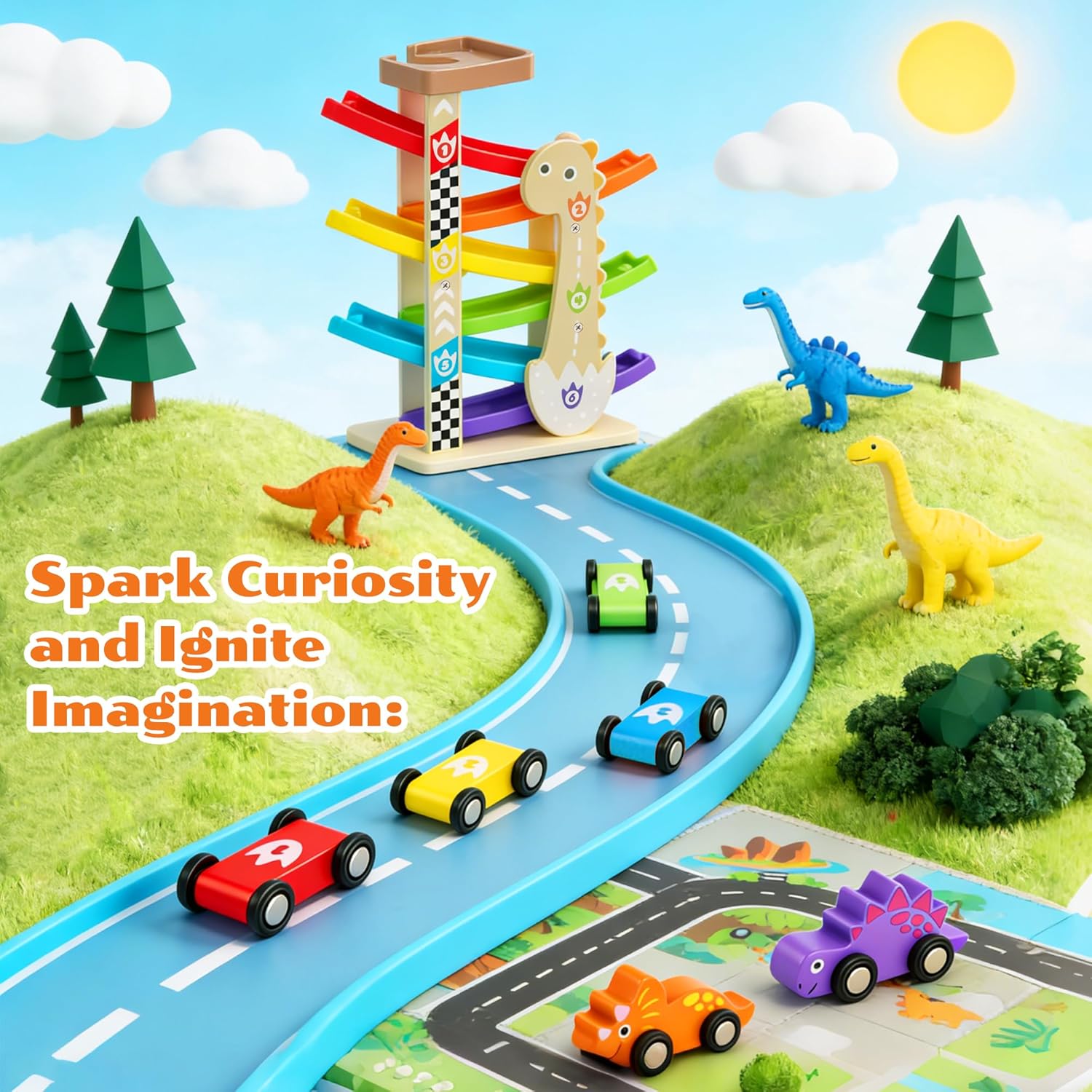 Toys for 2 Year Old Boy, Dinosaur Themed Wooden Car Ramp, Gifts for 1 2 3 4 Year Old Toddler