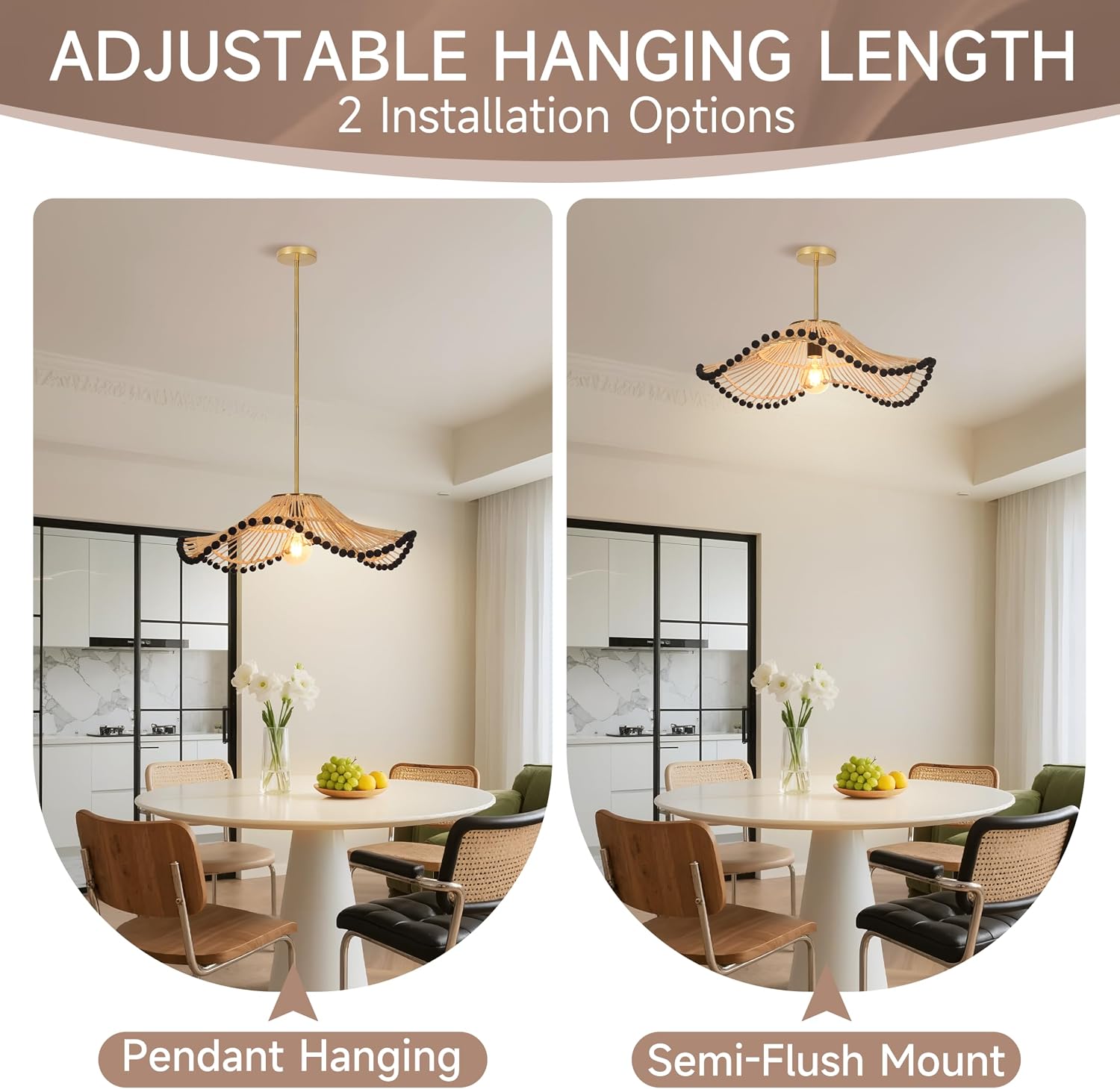 23.6" Boho Rattan Pendant Light Fixture, Hand Woven Farmhouse Rustic Chandelier Bohemian Coastal Hanging Pendant Lighting for Kitchen Island, Bedroom, Living Room, Nursery, Entryway, Foyer