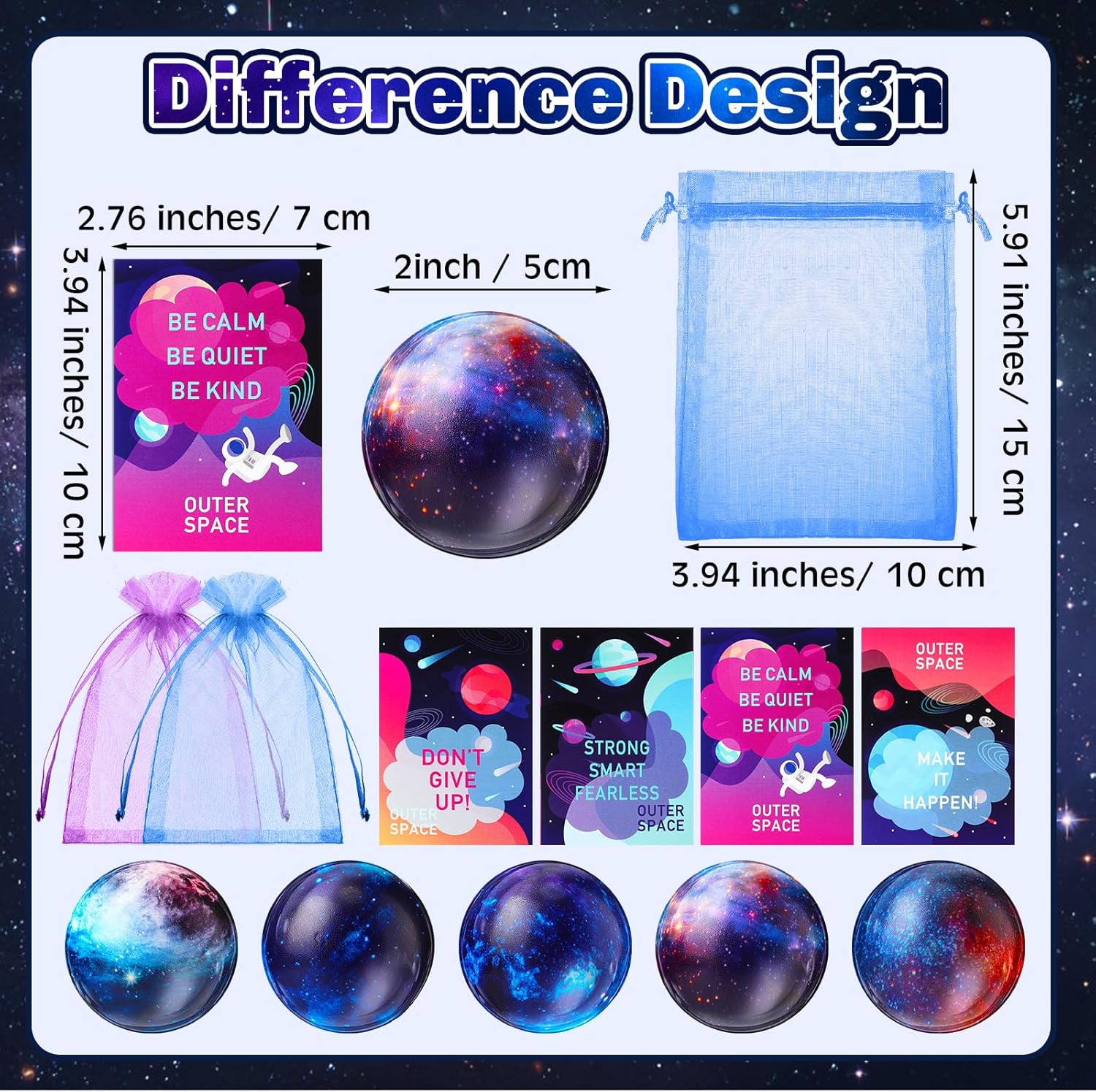Libima 150pcs Galaxy Stress Balls Gift Set 2 Inch Foam Squeeze Balls Card and Organza Bag Toys for Stress Relief Outer Space Astronaut Party Reward Adults Prize Favors Supplies