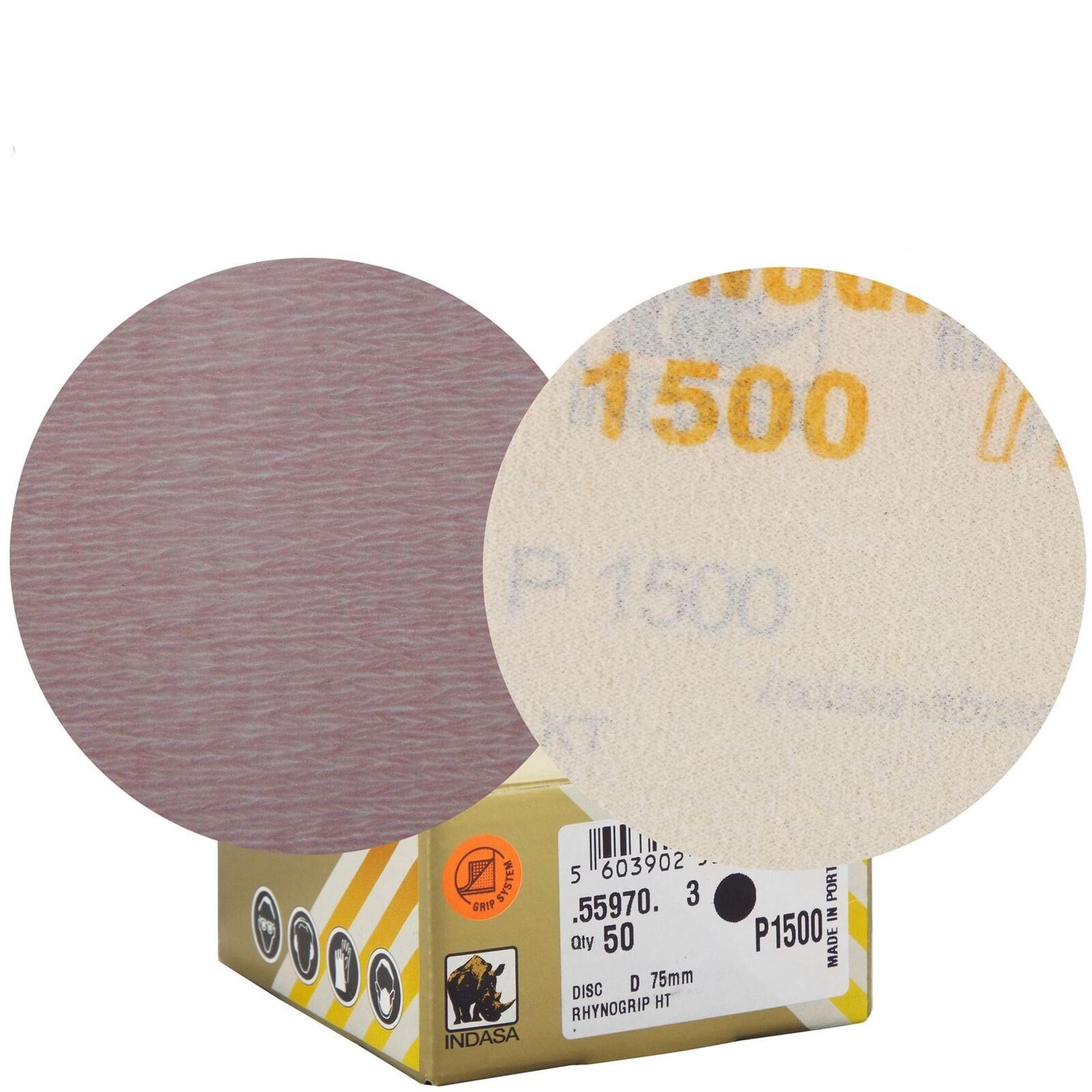 Indasa Rhynogrip HT Line 75mm 3" Sanding Discs P1500 Box of 50 Grip System - Heavy Duty Sanding/Sanding/Preparation/Fine Sanding/Sanding for Blending/Micro-Finishing/Rectifying