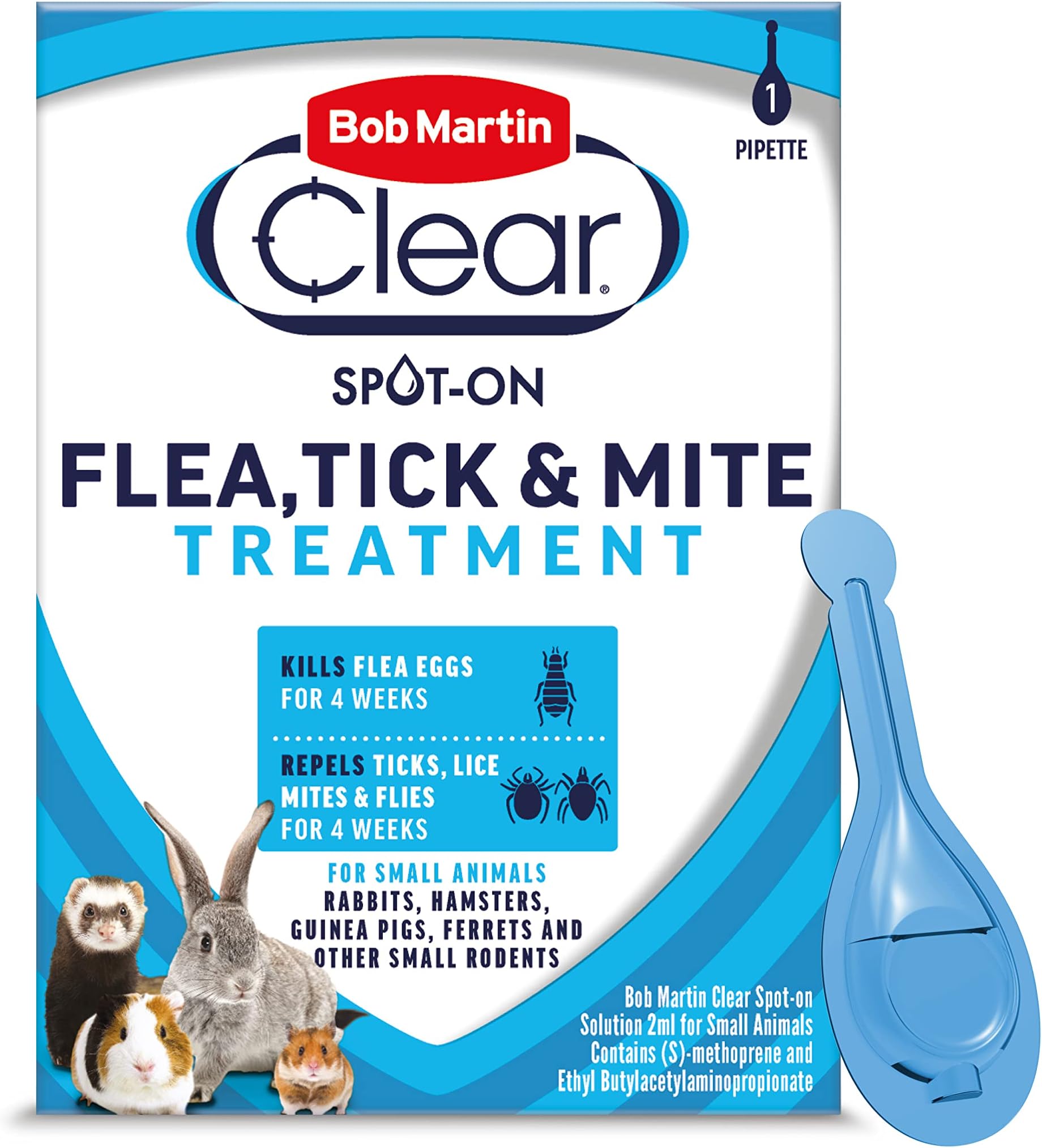 Bob Martin Clear Spot On Flea Treatment for Small Pets (Rabbits, Hamsters, Guinea Pigs & Ferrets) - Protect Against Fleas, Ticks, Lice & Mites (1 Pipette)