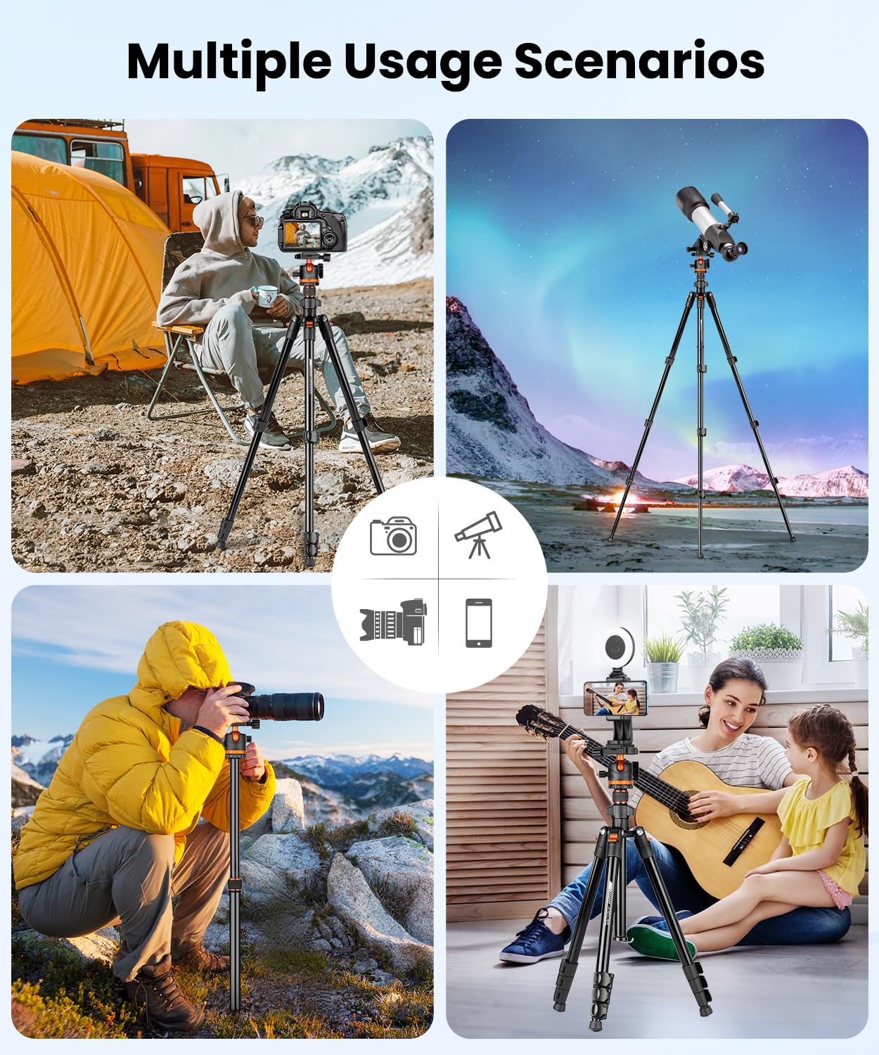 JOILCAN Treppiede Fotocamera di Alluminio, Treppiede da Viaggio Compatto 168cm per Canon Nikon Sony Videocamera DSLR, Treppiedi Smartphone per iPhone, Testa Sferica 360°, Carico Max 8KG