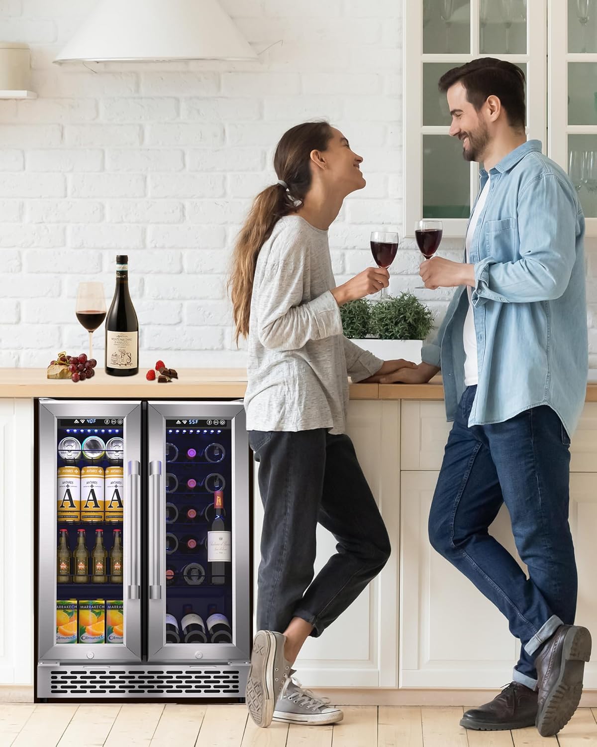 French Door Beverage Refrigerator, 24 Inch Dual Zone Built-in Fridge with Glass Door – Holds 120 Cans and 20 Wine Bottles, Beverage Cooler – Ideal for Kitchen, Bar, or Living Room