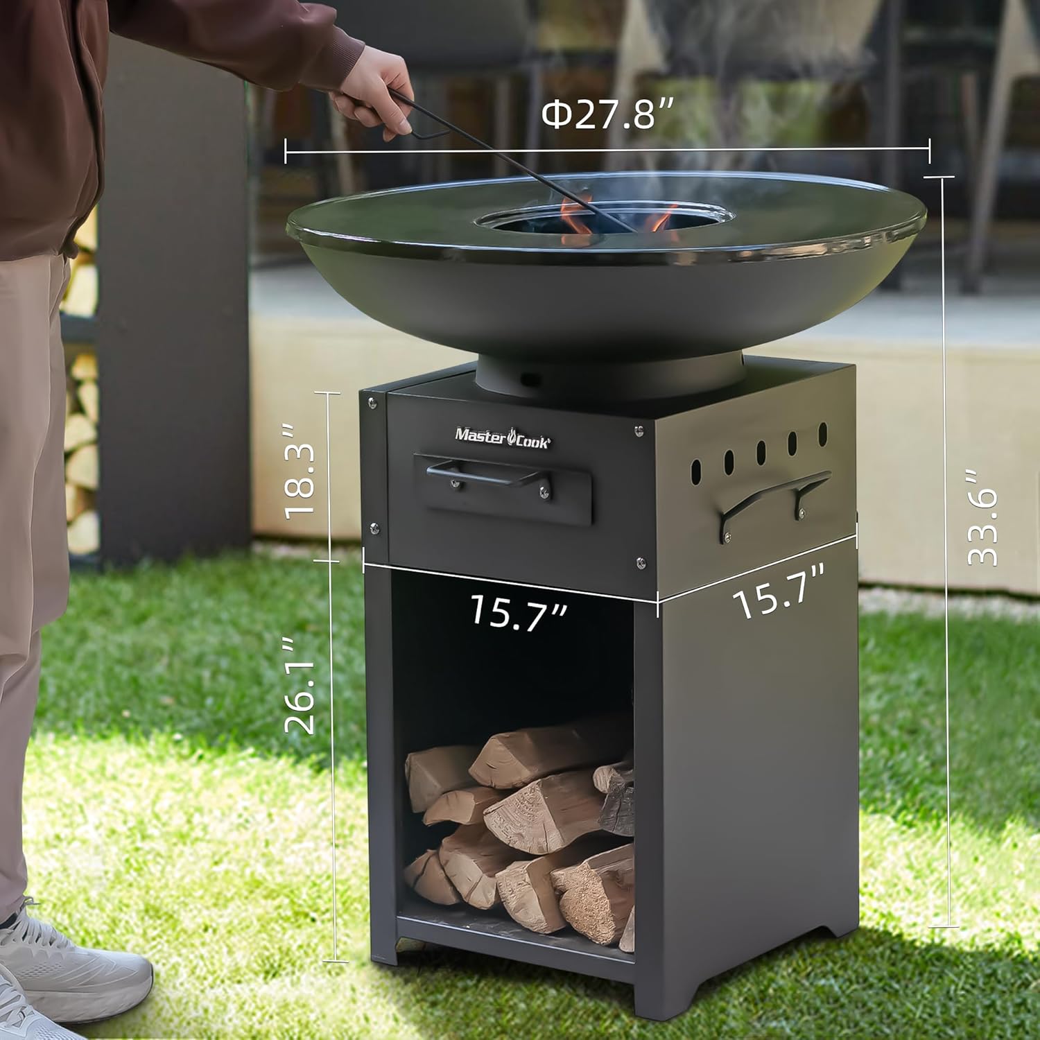 MASTER COOK Plancha Grill with Large Cooking Area, Round Charcoal Grill with Versatile Design as BBQ Grill and Fire Pit, Durable and Portable for Backyard, Camping and Party Use, 33.6"*15.7"*15.7"