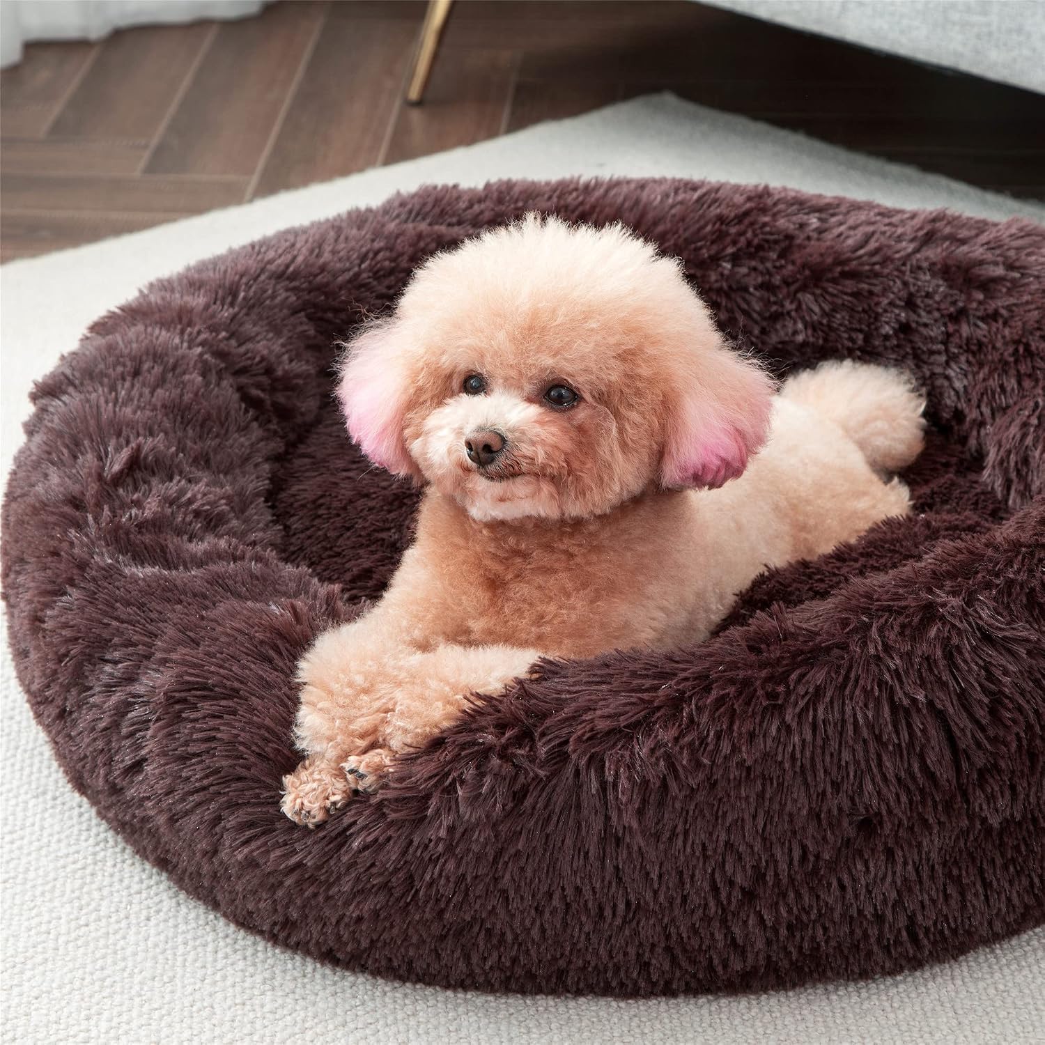 Perodo Cozy Calming Dog Bed Donut Dog Bed for Small Dogs Anti-Slip Faux Fur Fluffy Donut Cuddler Anxiety Cat Bed 20x20 Brown