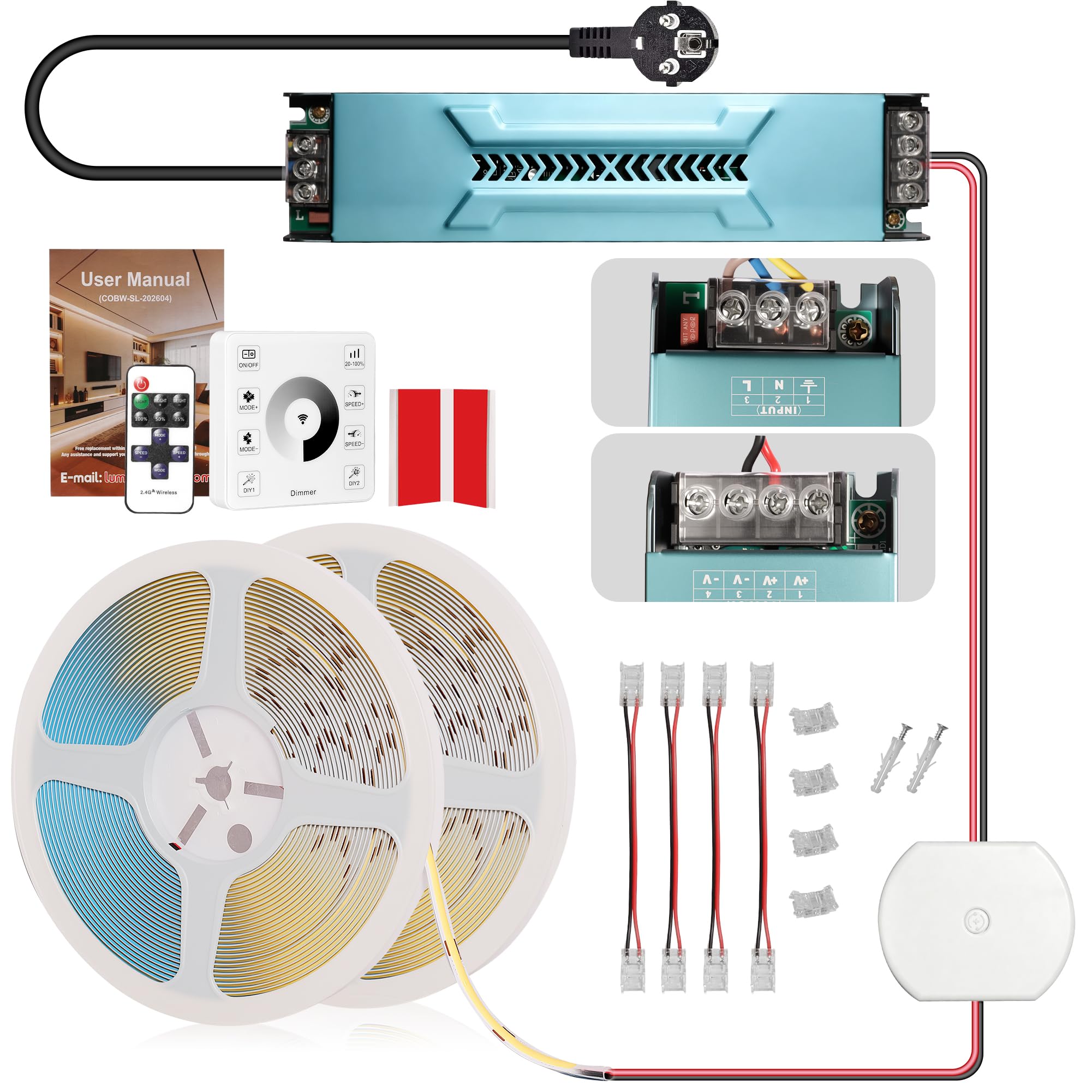 24V 20M Striscia LED COB Regolabile 3000K Bianco Caldo, Compatibile con Alexa, 10W/M 336 LED/M CRI 93+ 1000LM/M con Alimentatore, per Decorazione d'Interni, Camera da Letto, Cucina, Ufficio, Commercio