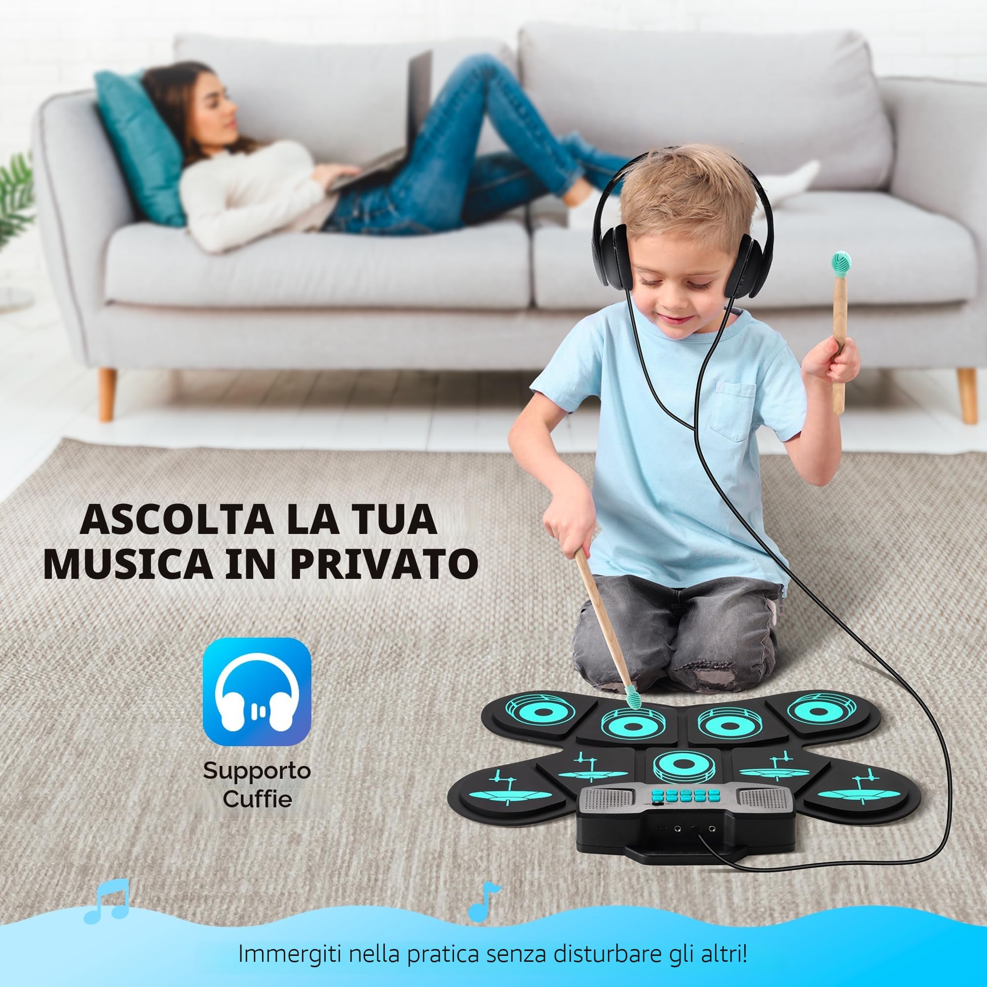 CAHAYA Set Batteria Elettronica Portatile con 9 Pad Altoparlanti Incorporati Bacchette Pedal