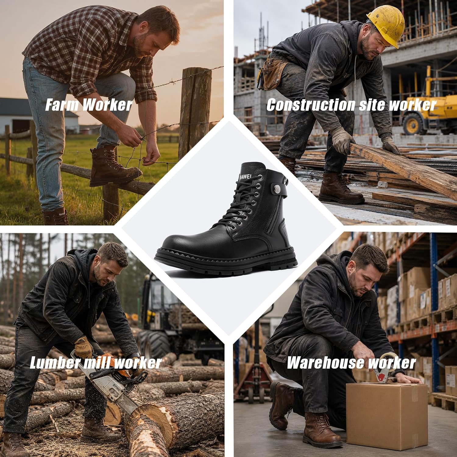 Steel Toe Boots for Men, Water Resistant Anti Slip Safety Work Boots, ASTM F2413 Industrial Construction Shoes, Lightweight Kevlar Midsole, Side Zip Up