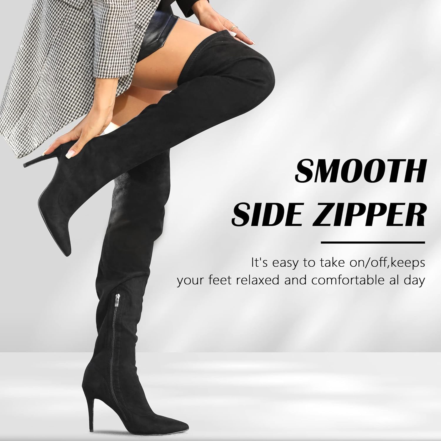 CAMSSOO Women's Thigh High Boots Faux Suede Elasticity Heels Over The Knee Boots Side Zip Pointed Toe Fashion Sexy Winter Stiletto Knee High Boots - Image 3