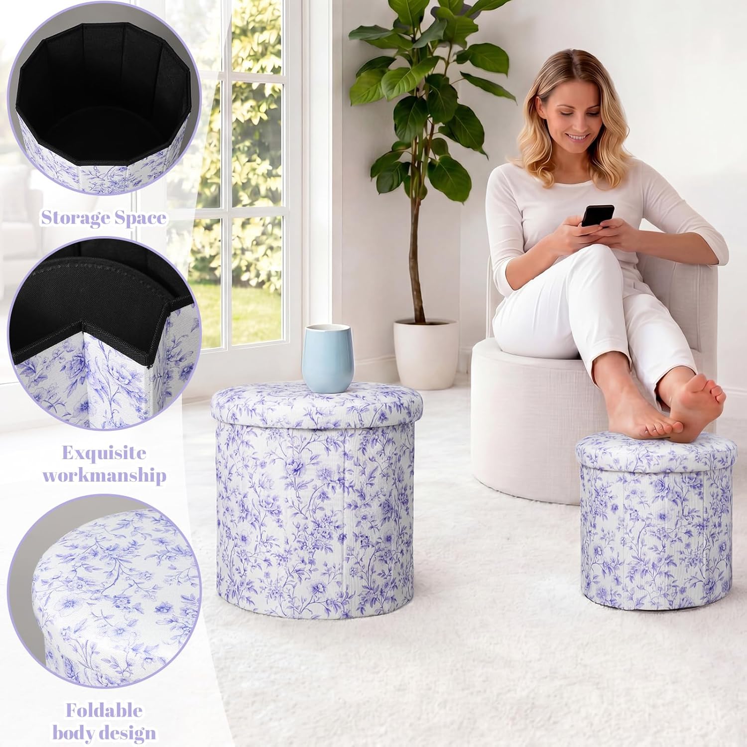 Geetery 2 Pcs Round Storage Ottoman Dorm Set 15 Inch and 12 Inch Chinoiserie Blue and White Flowers Pattern Round Ottoman with Storage Vanity Foot Stool for Back to School Living Room Bedroom Dorm