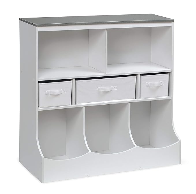 Combo Bin Storage Unit with Three Baskets Solid White/Woodgrain Gray