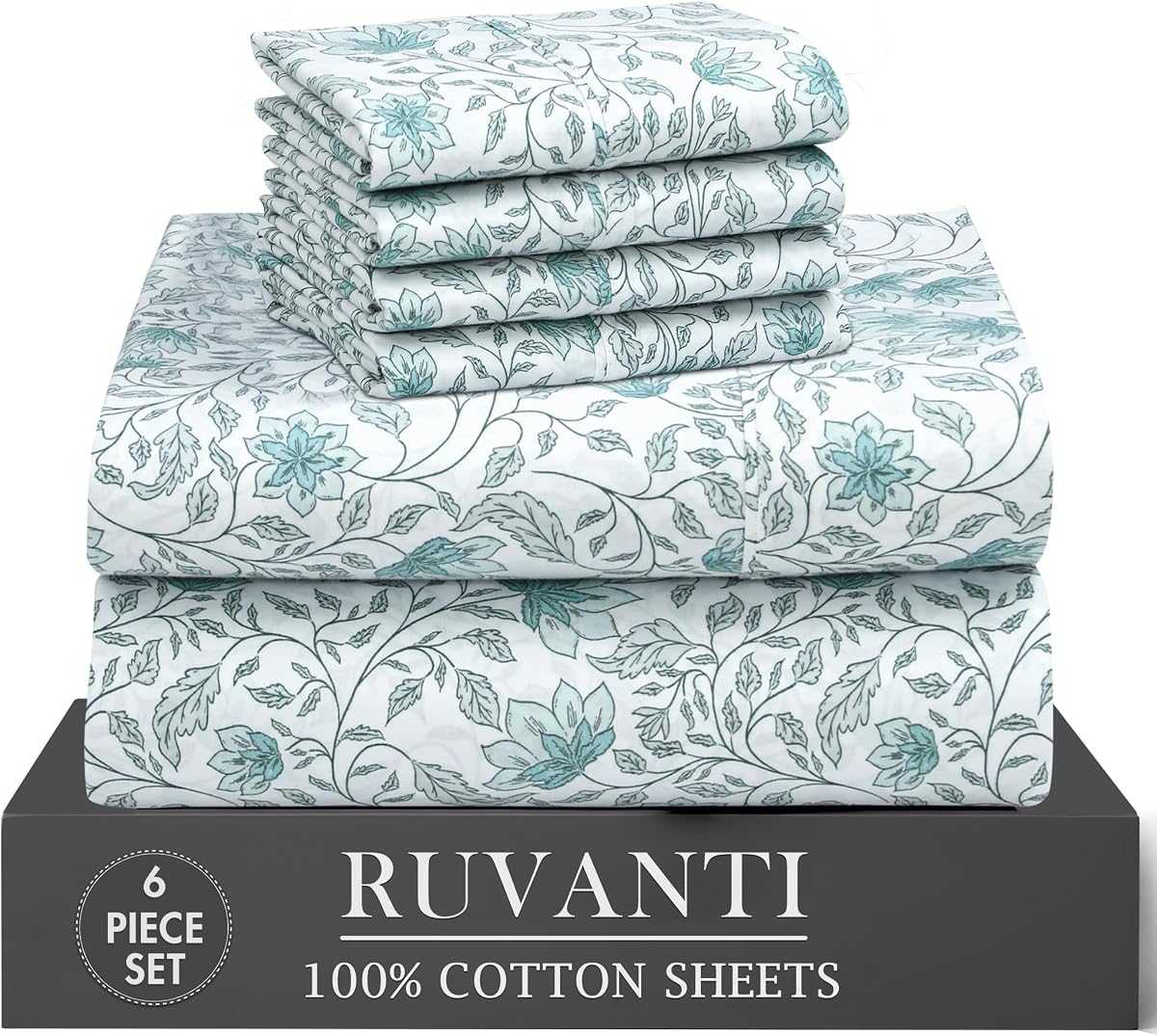 RUVANTI 100% Cotton Percale Sheets California King Size, Wildflower Nest | Cooling Bed Sheets for Hot Sleepers, Deep Pocket 14”, Breathable Lightweight & Durable, Crisp Hotel Style Sheets, 6 Piece set