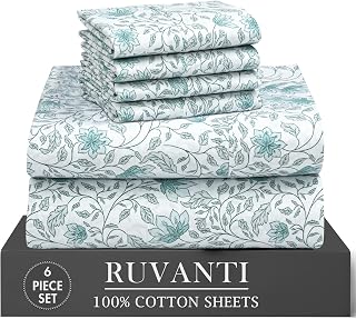 RUVANTI 100% Cotton Queen Sheets, Percale Queen Sheet Set, Wildflower Nest | 6 Piece Set, 16" Deep Pocket, Cooling Bed Sheets for Hot Sleepers, Breathable Light