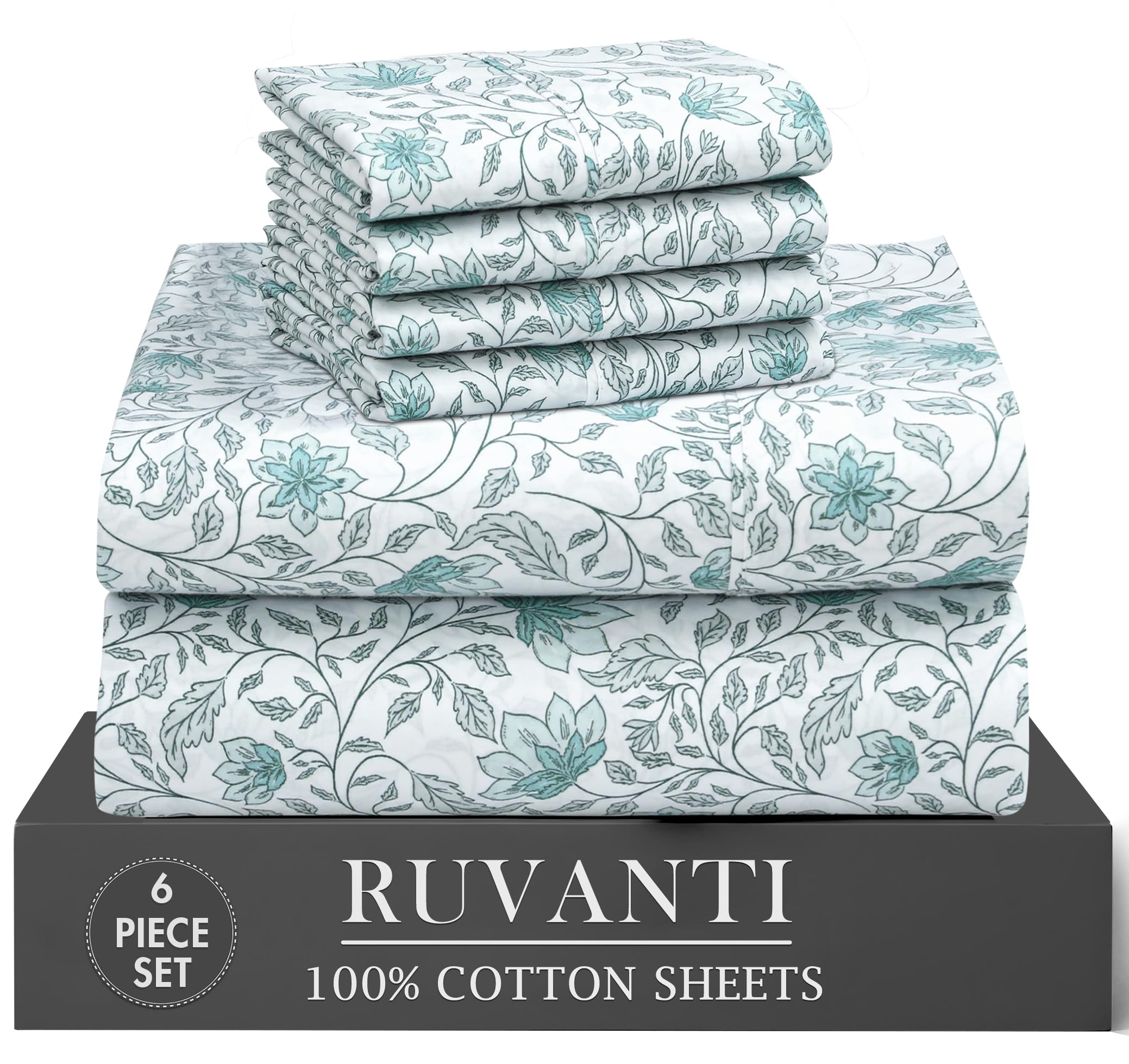 RUVANTI 6 Pcs Cotton Sheets - 100% Natural Cotton Soft, Lightweight & Breathable Crispy Percale Bed Sheets, King Size Sheets Set 16" Deep Pockets,