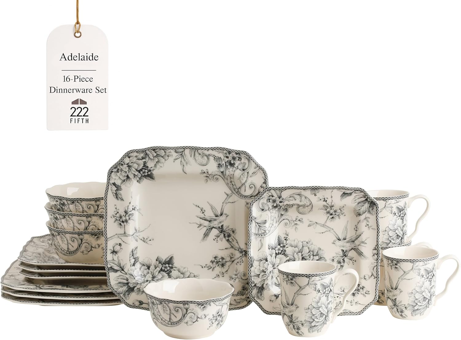 Adelaide 16-Piece Square Floral Dinnerware Set for 4