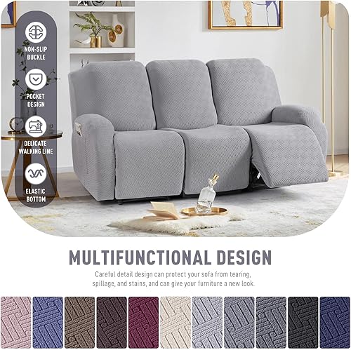 Vista 90 de KinCam Fundas para sillas reclinables, funda elástica y reclinable, fundas para sofá reclinable, fundas de sofá reclinable a rayas, fundas Gris
