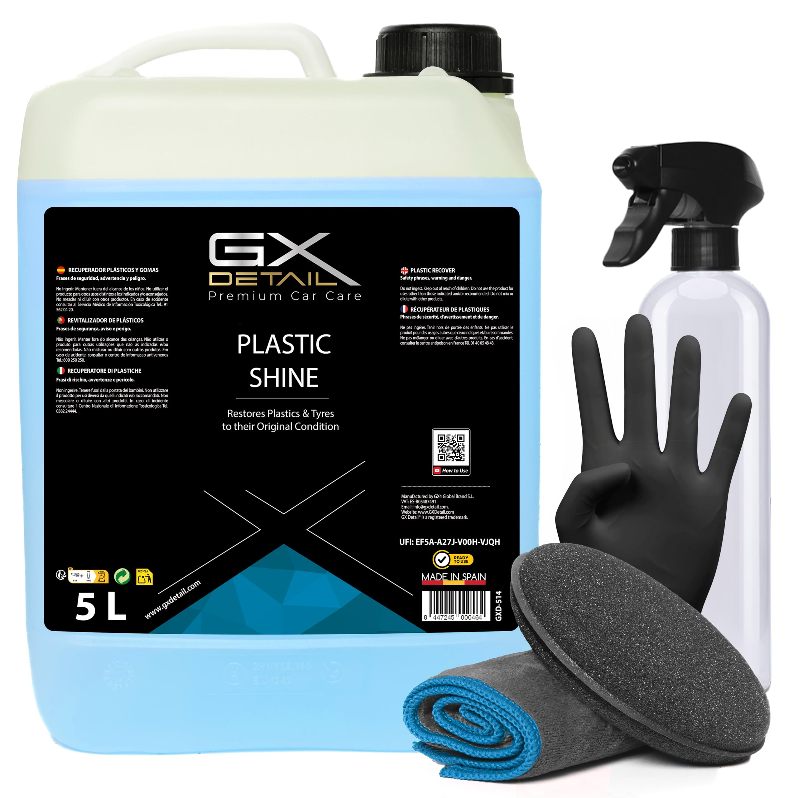 GxDetail Recuperador de Plásticos y Abrillantador Hidratador de Plástico y Neumáticos Coche y Moto 5 Litros – Recuperador de Gomas Viejas, Interior, Exterior, Ruedas.