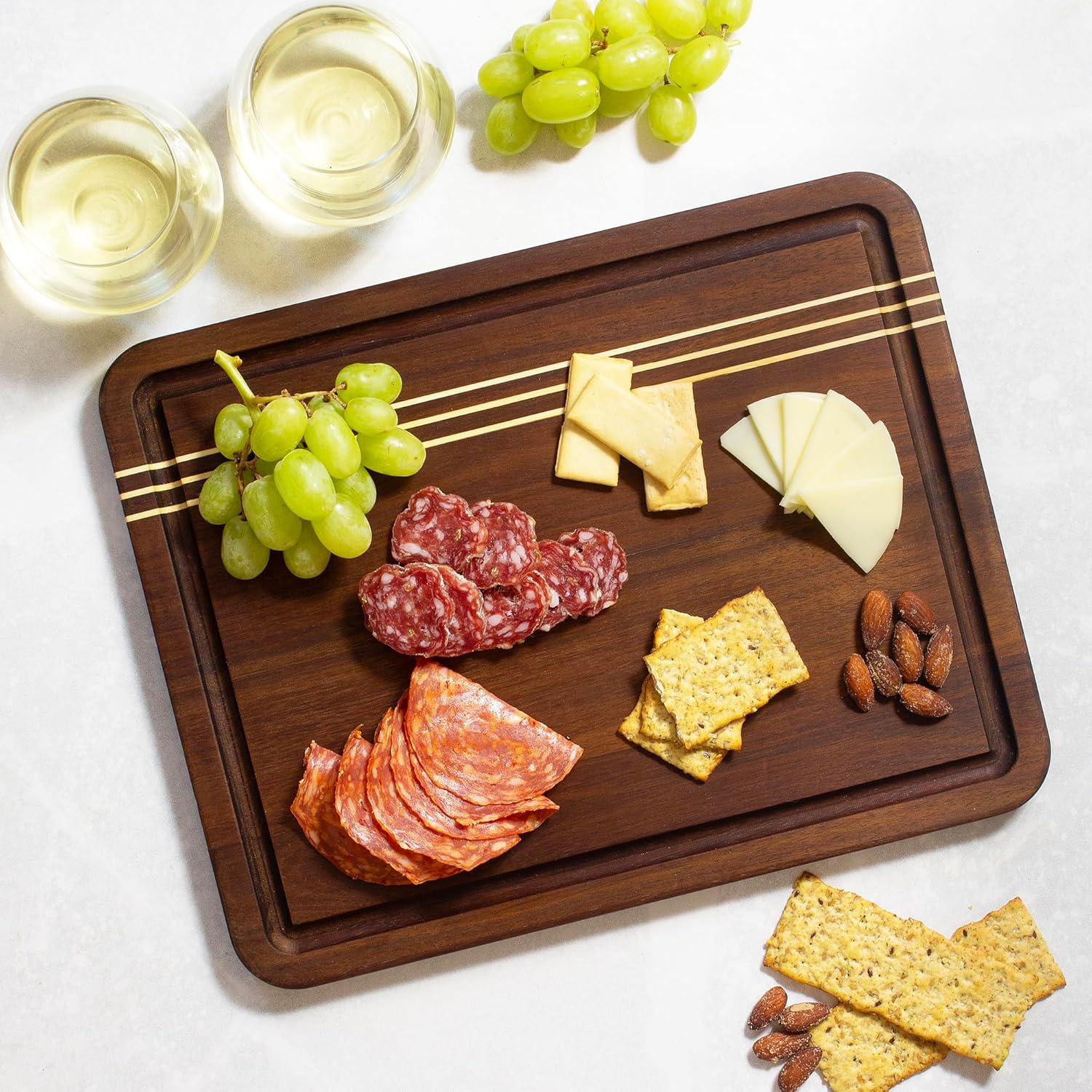 Rock & Branch Acacia Wood Cutting Board with Juice Groove – Rectangular Carving Board with Inlaid Pinstripes | Doubles as Charcuterie Serving Tray