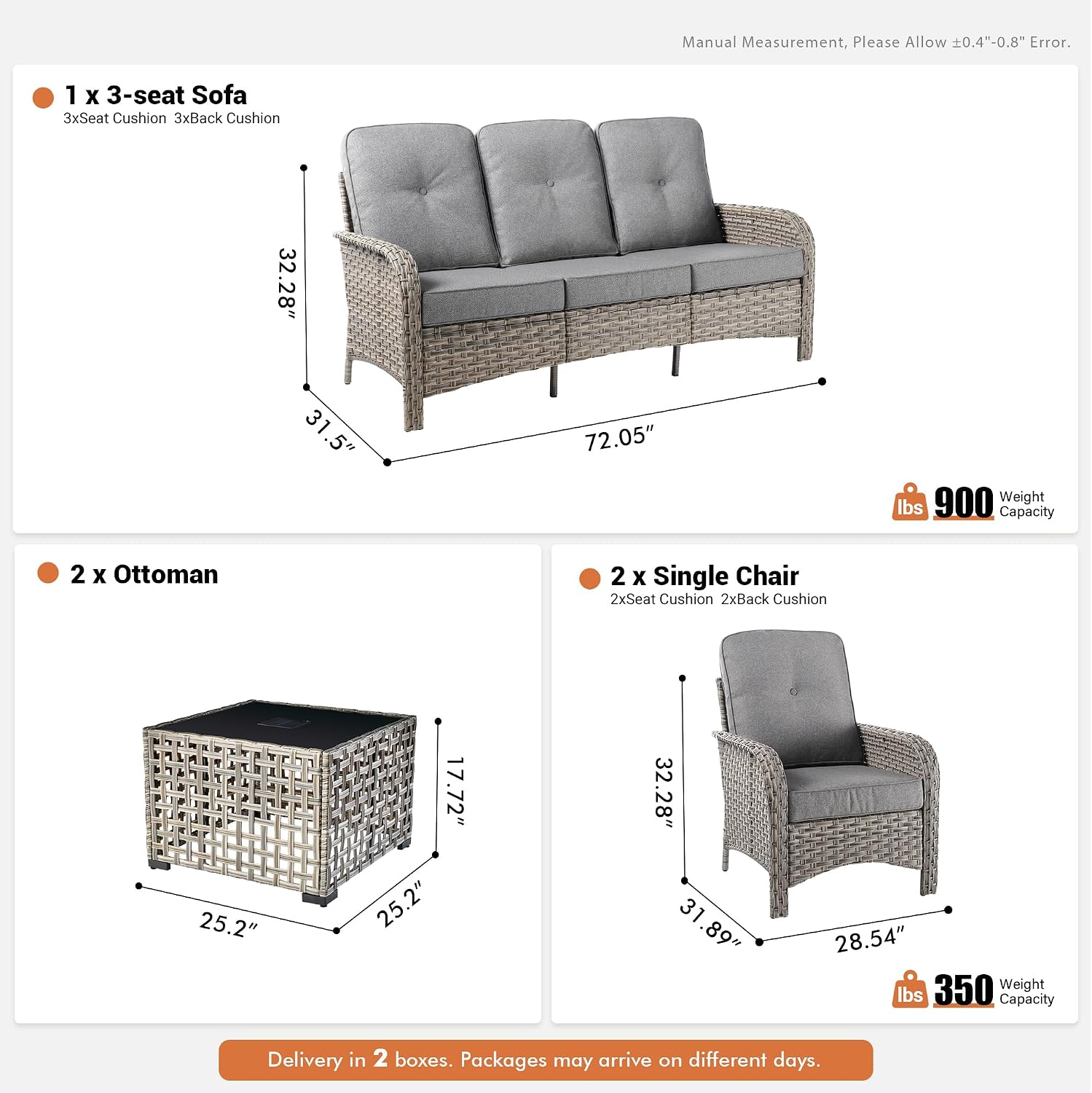 4-Piece Outdoor Patio Furniture Set,All Weather Wicker Rattan Patio Seating Sofa and Chair Set with Glowing Coffee Table,Outdoor Conversation Sets with 3 Seater Couch for Porch Deck Yard,Grey
