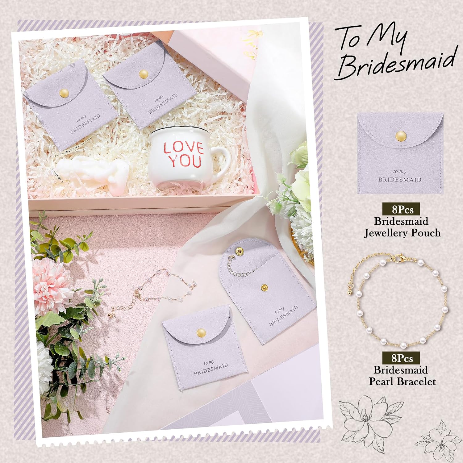 Quelay 16 Pcs Jewelry Bridesmaid Gift Pearl Bracelet Microfiber Jewelry Bag Pouch Set of 8 for Wedding Bridal Party Favor