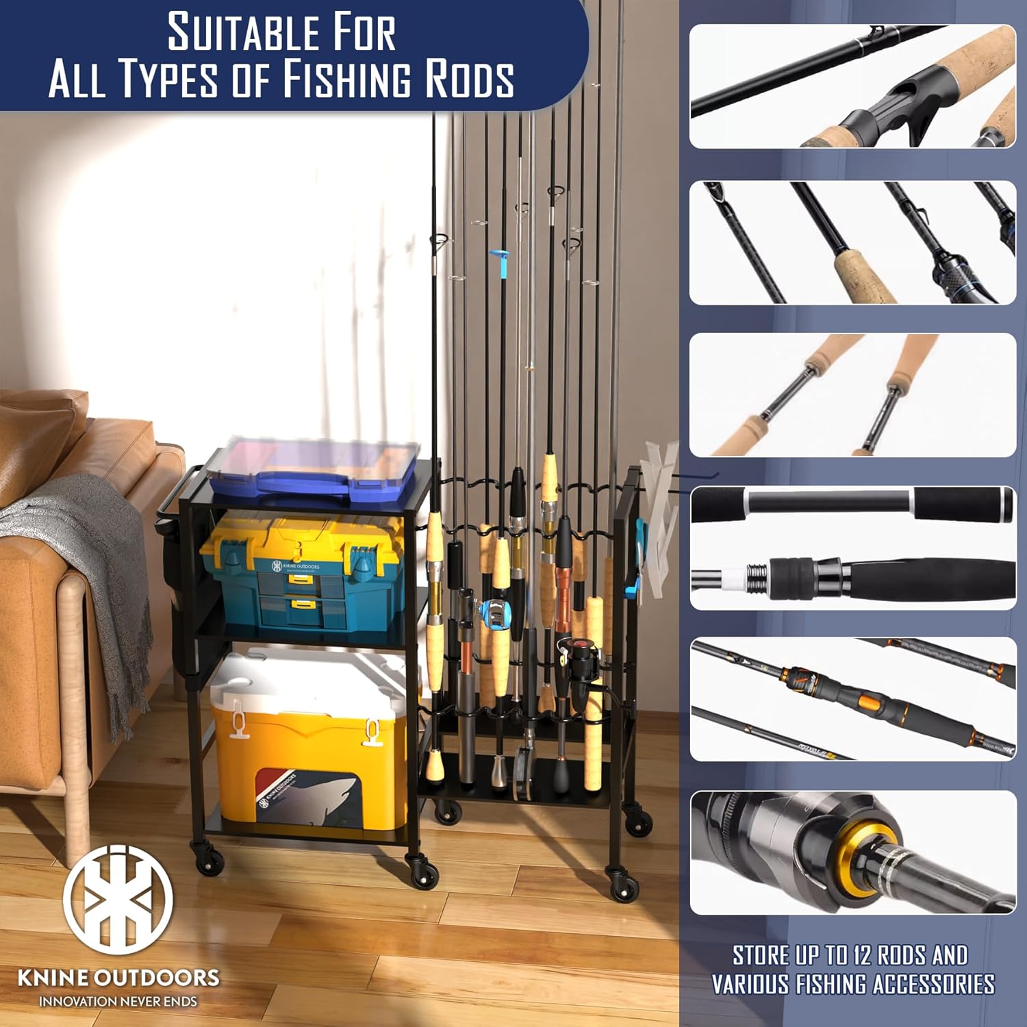 KNINE OUTDOORS Garage Fishing Pole Holders - 12 Rod Holders, 3 Layers of Storage Space for Fishing Gear and Equipment