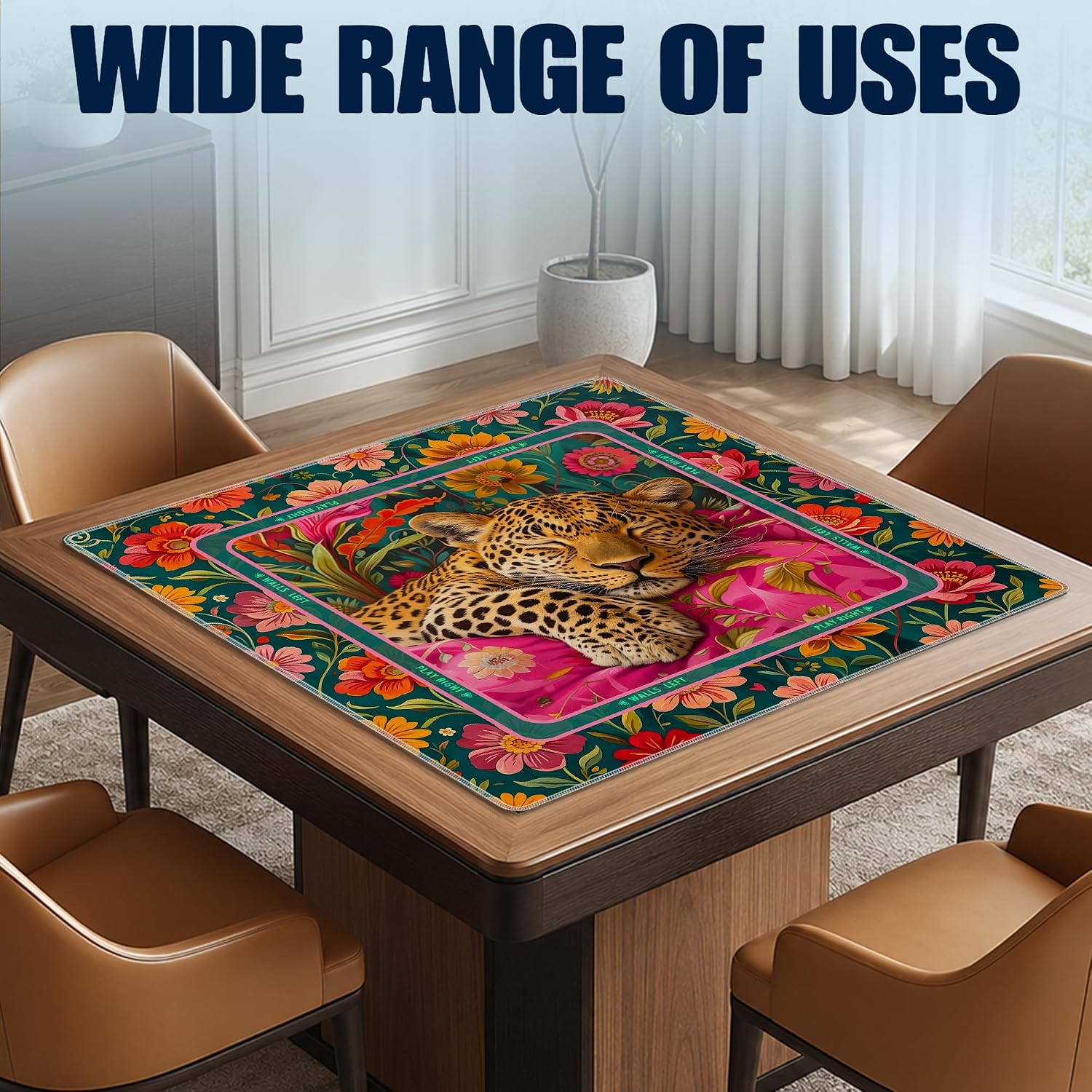 Maximalist Pink Floral Leopard Mahjong Mat for Table 31.5"x 31.5" | Eclectic Flower Cheetah Non-Slip Noise Reduction Mah Jong Table Mat Gifts for Mahjong Lovers Card Board Game Dominoes