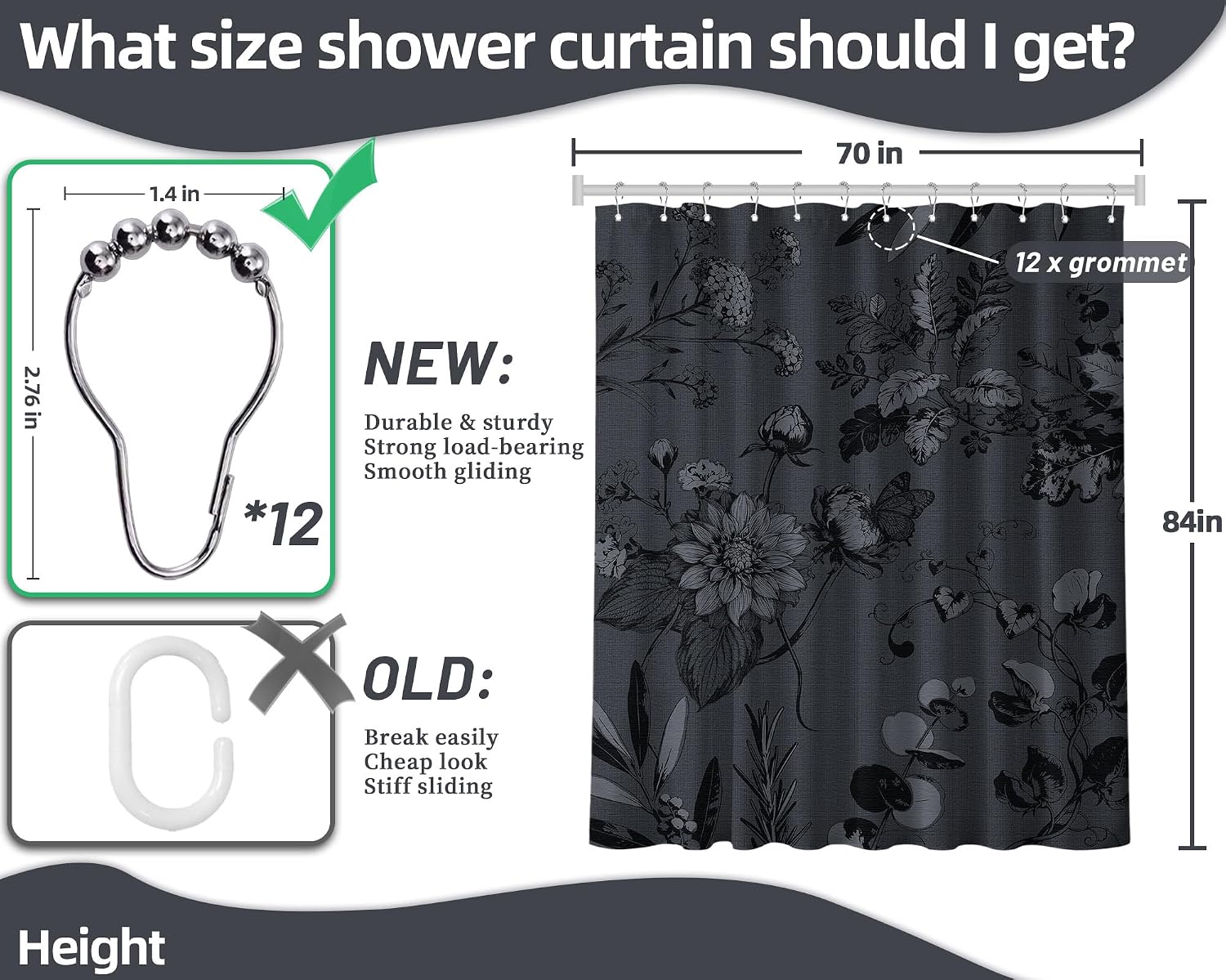 Dark Gray Vintage Botanical Shower Curtain Black and Charcoal Grey Mens Shower Curtains for Bathroom Decor Sets, Floral Pattern, Waterproof Polyester Fabric with Hooks, 70x84 in