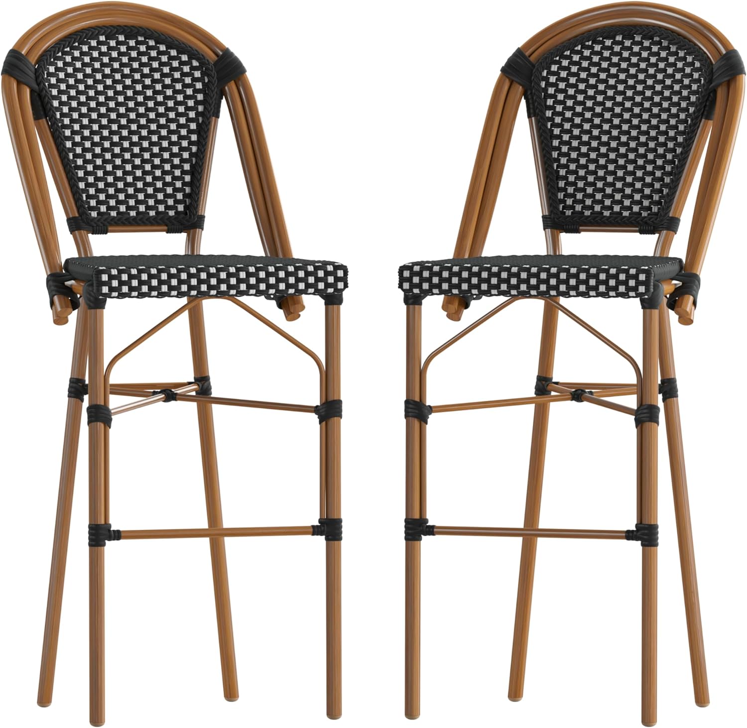 Flash Furniture Bordeaux Commercial Grade Bistro Bar Height Stool, Stackable Indoor/Outdoor Dining Stool, 30" High, Black/White and Natural Finish