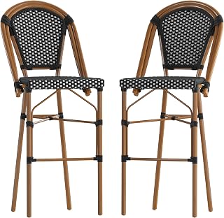 Taylor & Logan Nadia Indoor/Outdoor Stackable Bistro Bar Stools in Black/White PE Rattan with Bamboo Print Frame, Set of 2