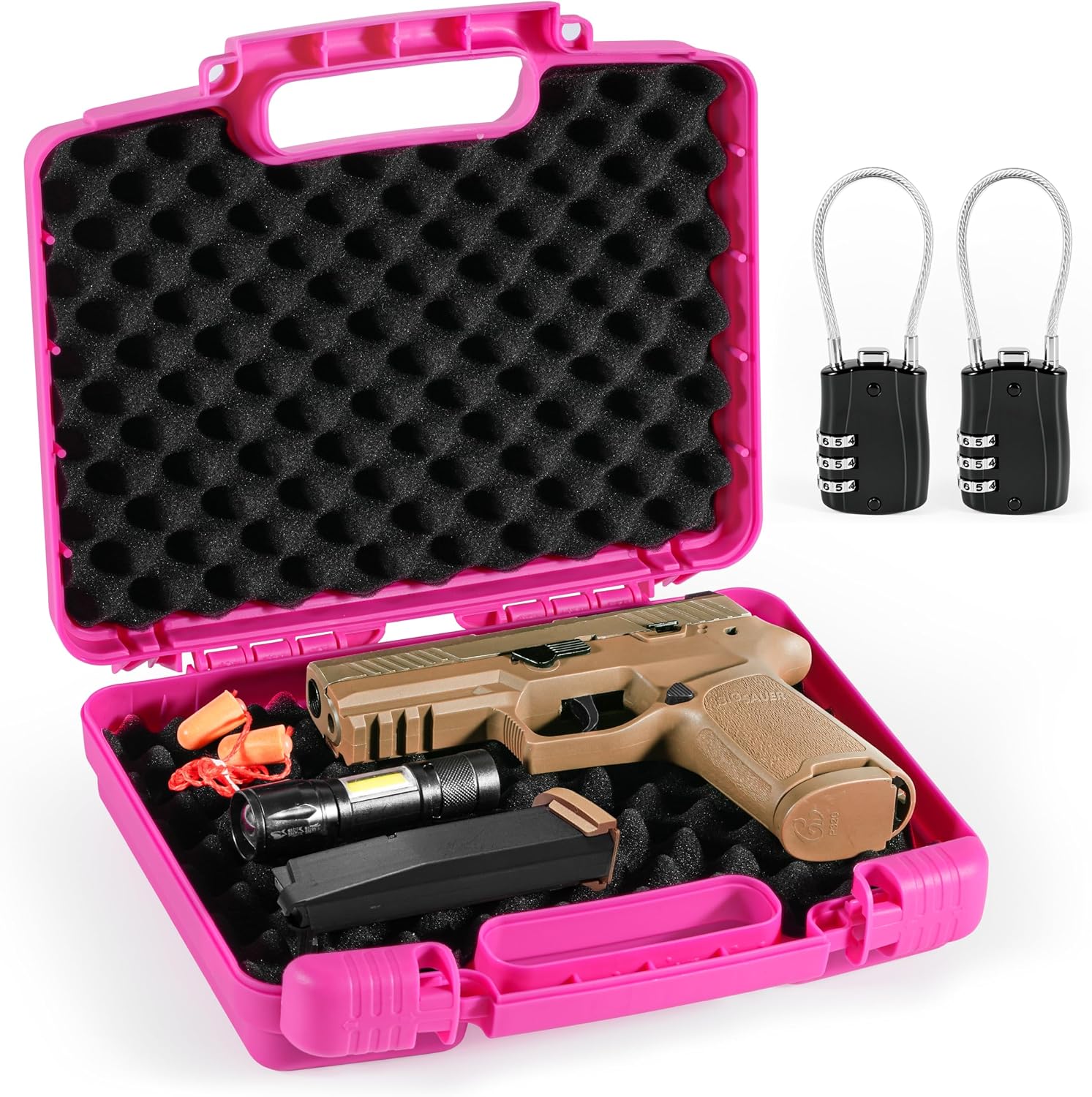 Kinghardcase Lockable Pistol Case for Handguns, Compact Hard Shell Handgun Storage Case with Foam Interior and 2 Cable Locks, Pink