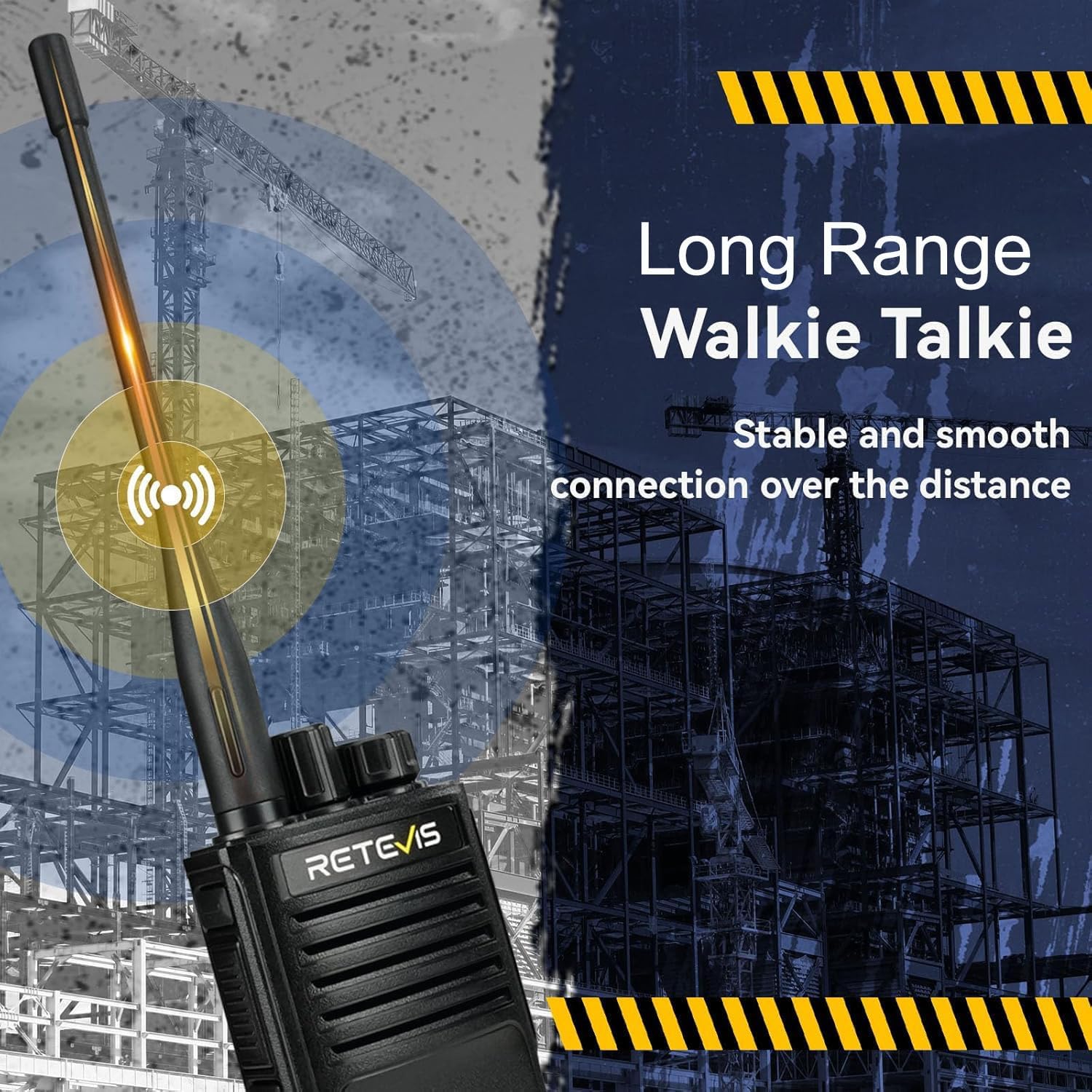 Retevis P2 walkie-talkie with signal waves over a construction site, indicating long range