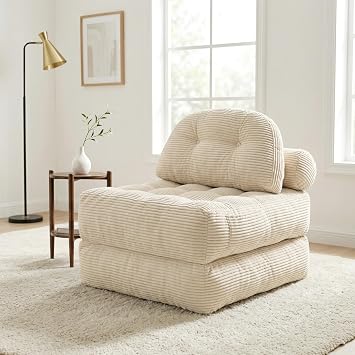 Folding Sofa Bed, Convertible Boneless Floor Chair with Dual Pillow & Handle, Foldable Lounge Chair with Back Support for Living Room, Bedroom, Apartment & Office, Single Seater, Beige
